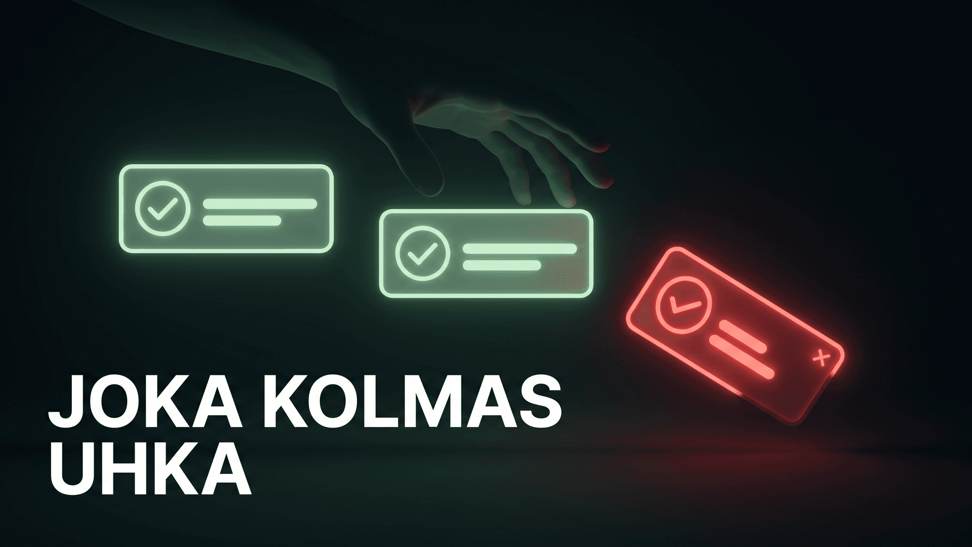 Kolme hyväksyntäikkunaa, joista yksi punainen livahtaa ohi, ja teksti Joka kolmas uhka
