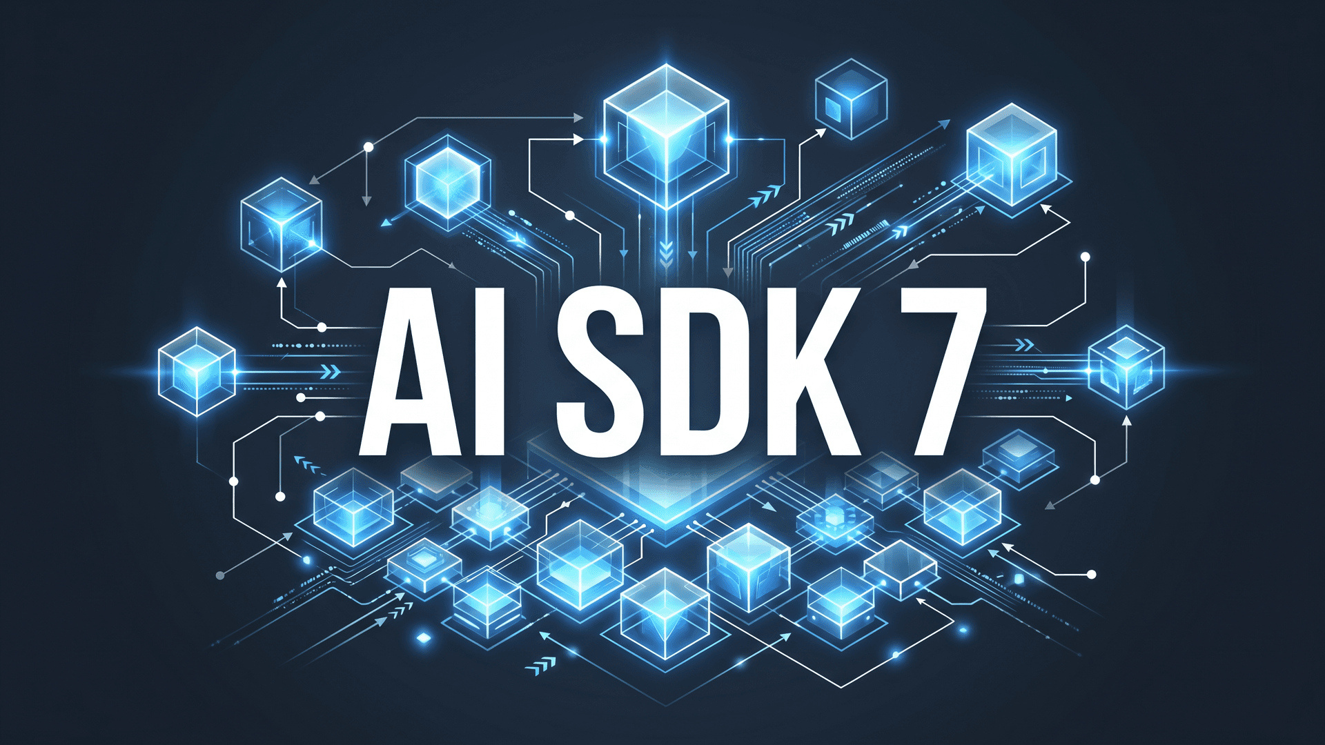 Hehkuvat geometriset moduulit ja datavirrat tummalla taustalla, teksti AI SDK 7