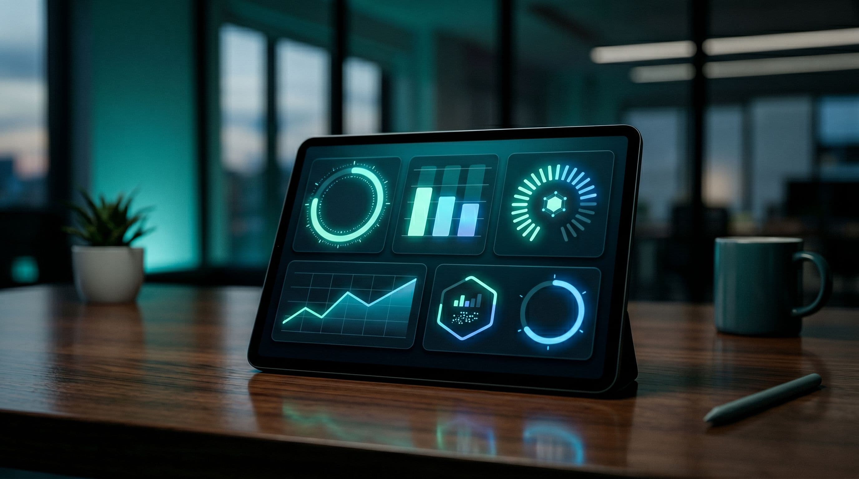Tabletilla näkyvä mittaridashboard, hohtavat kaaret ja laskurit.