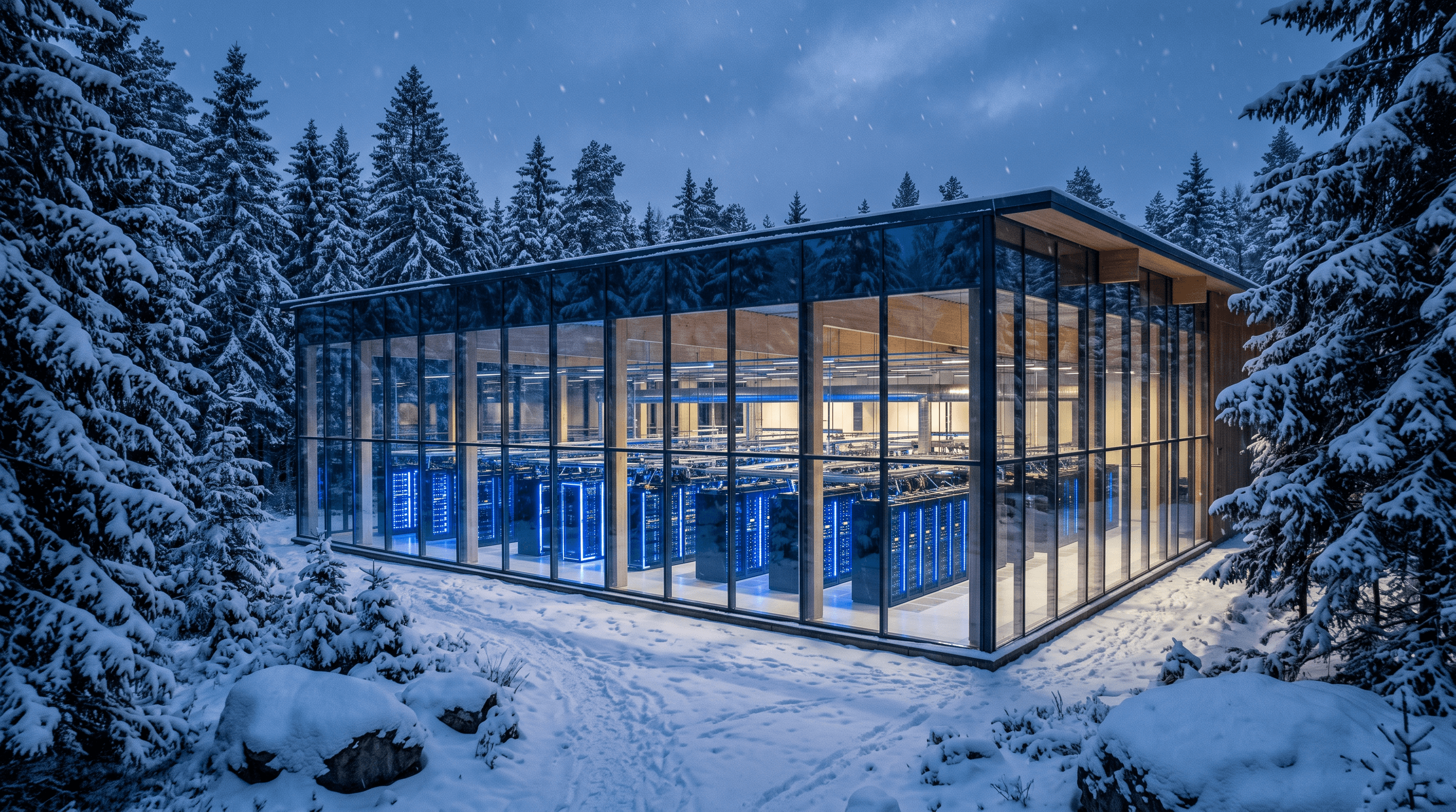 Supertietokonesali lumisen pohjoisen kuusimetsän keskellä hämärässä