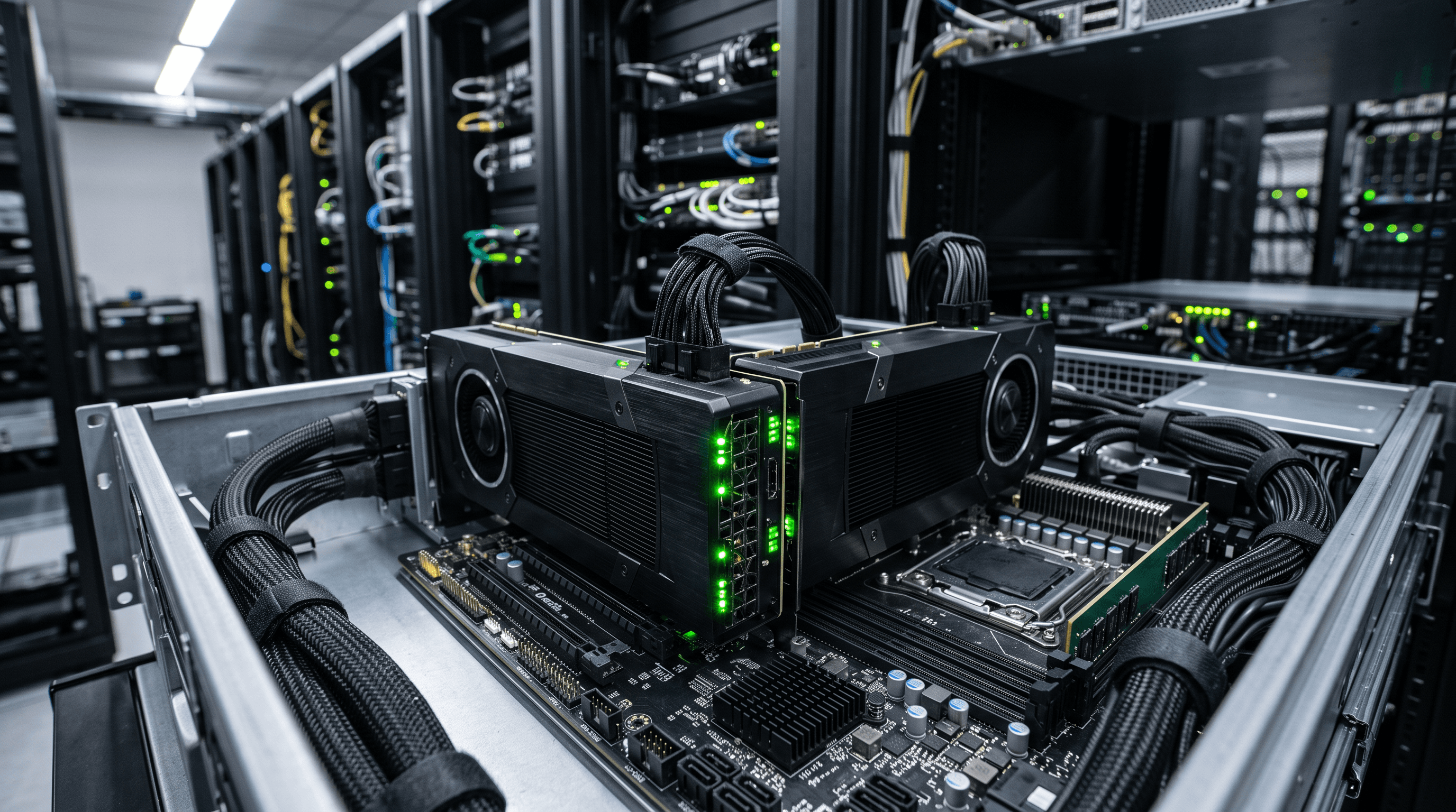 Kaksi konesalin GPU-kiihdytinkorttia avoimessa palvelinrungossa