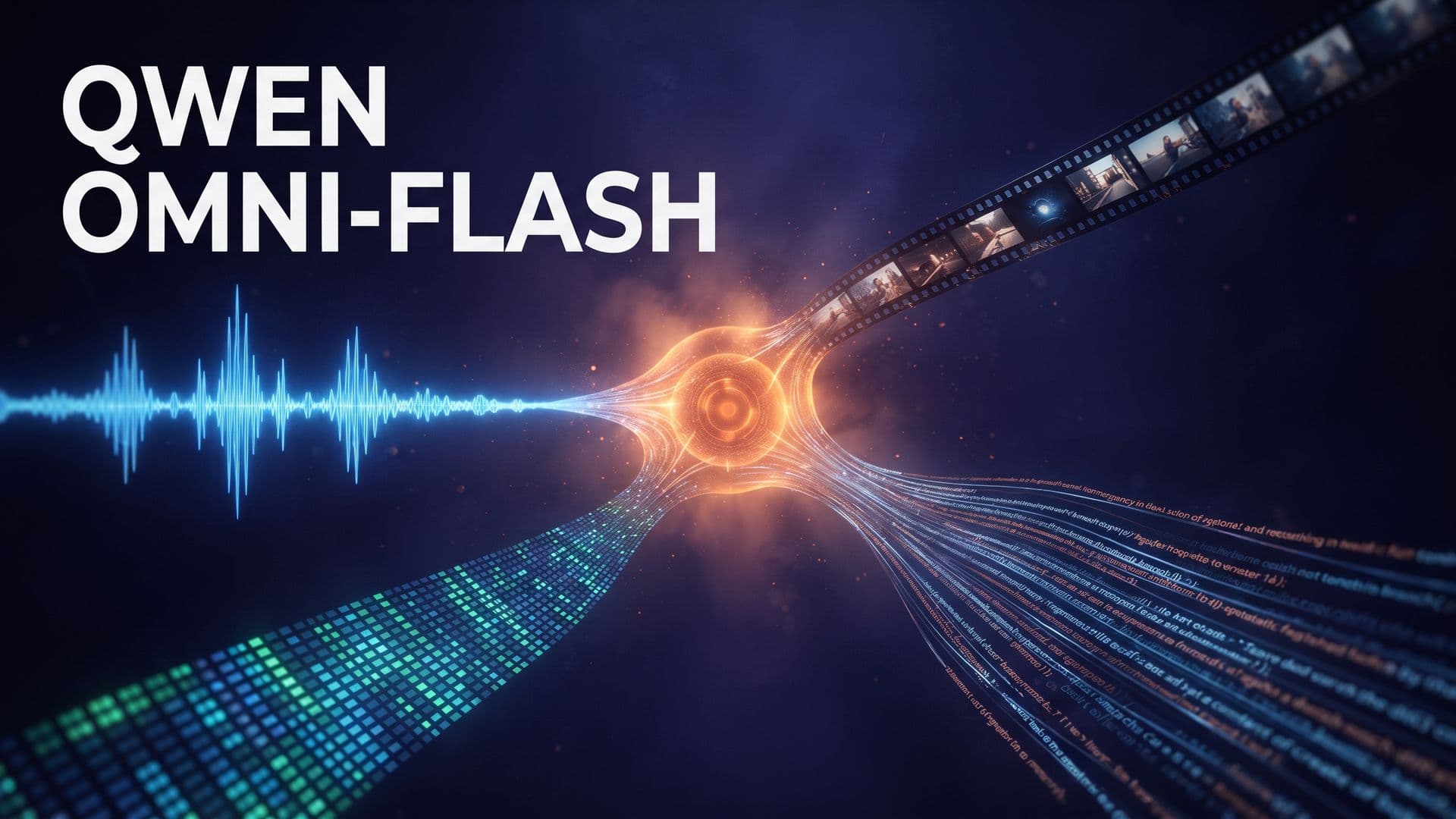 Ääniaalto, filminauha, pikseliruudukko ja tekstirivit yhtyvät hehkuvaan ytimeen, päällä teksti Qwen Omni-Flash.