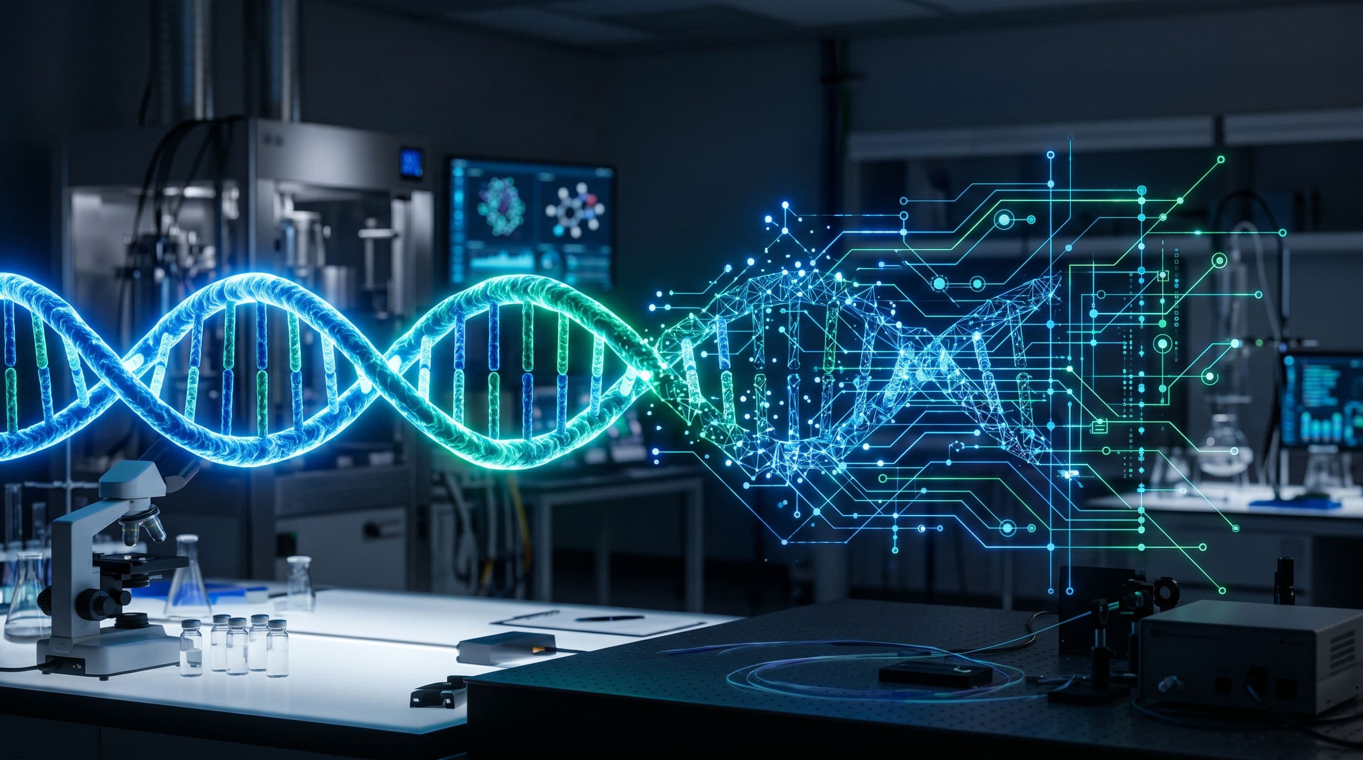 DNA-kierteen ja kvanttipiirikuvion yhdistelmä tieteellistä laboratoriotunnelmaa kuvaamassa.