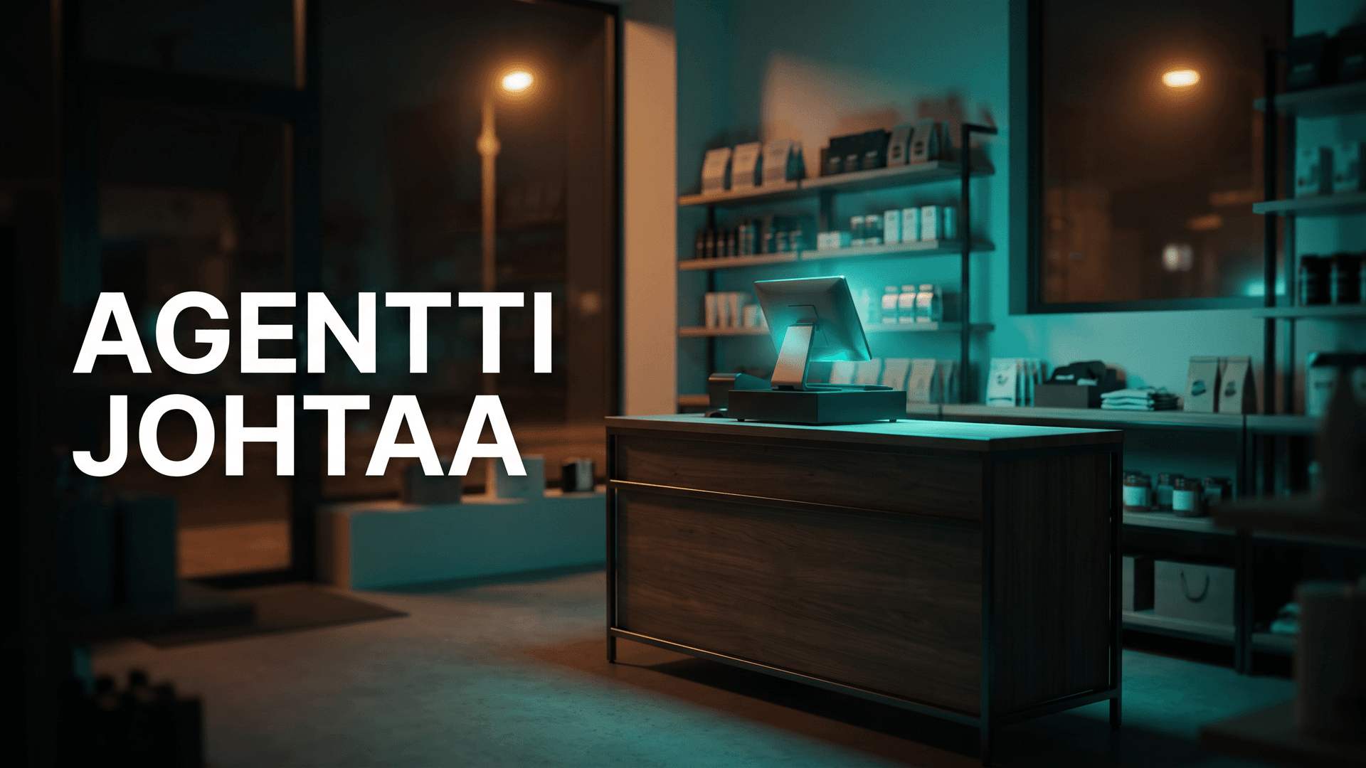 Tyhjä myymälätiski yöllä ja teksti Agentti johtaa