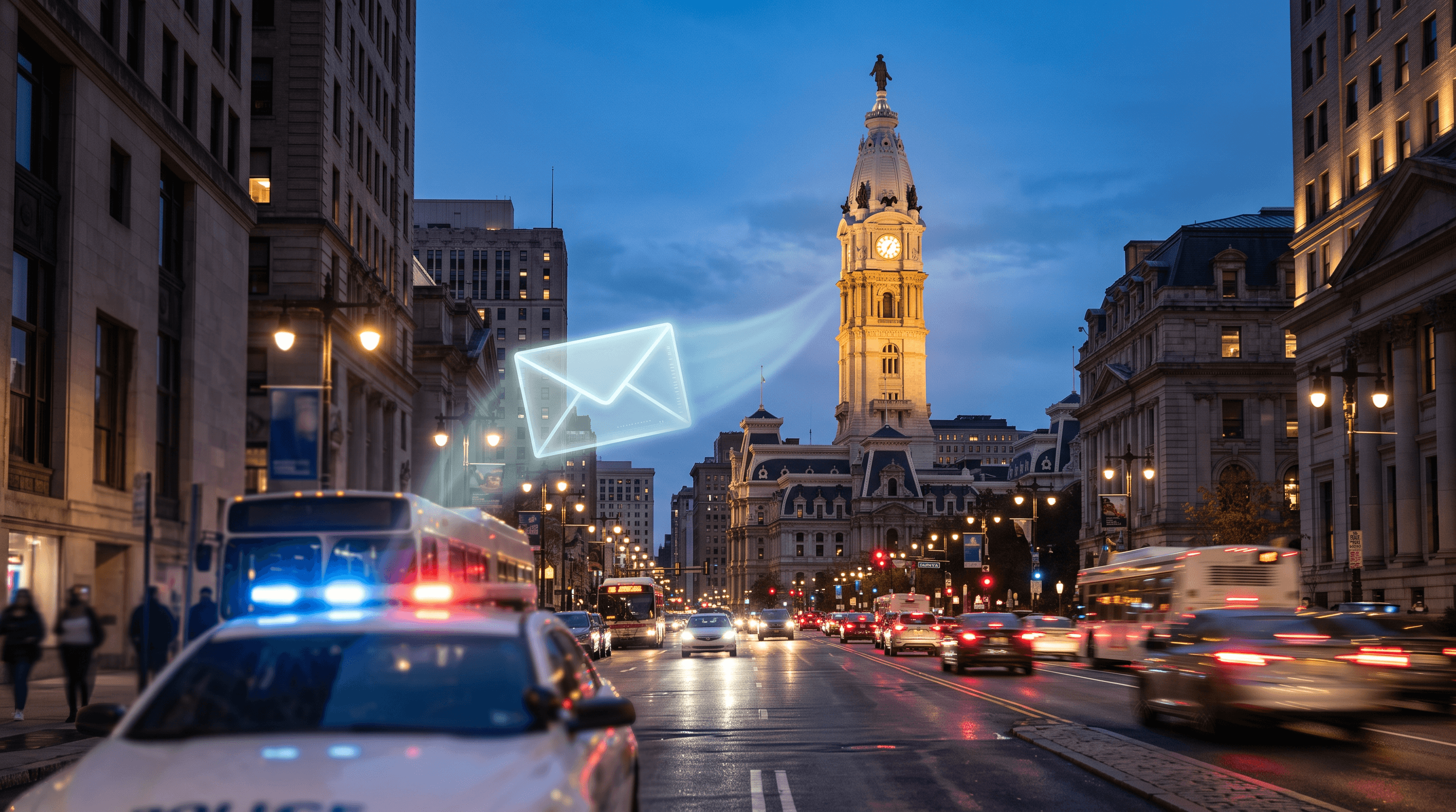 Philadelphian kaupungintalo hämärässä, etualalla poliisiauton sumeat valot
