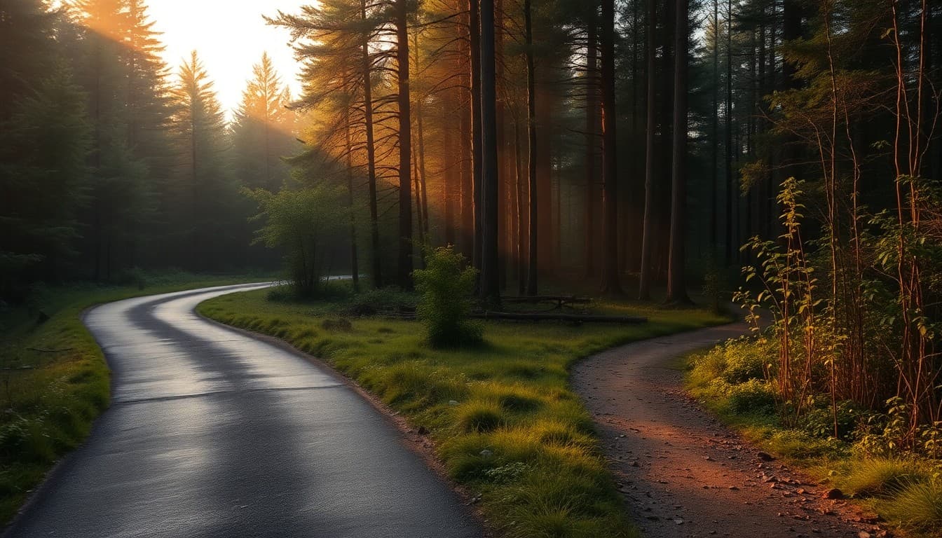Metsässä haarautuva polku iltapäivän valossa, toinen päällystetty ja toinen villi.