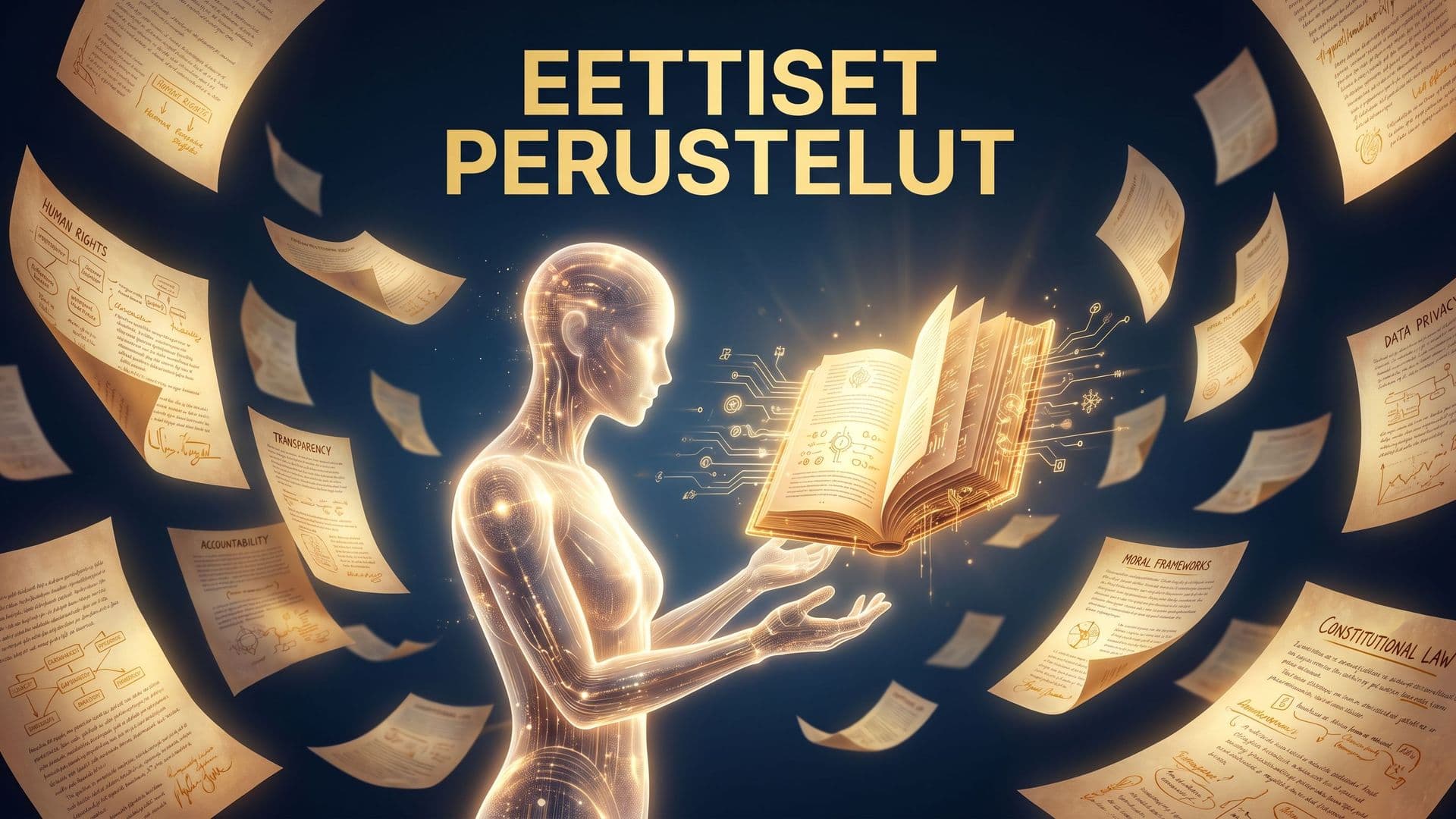 Magazine cover -tyylinen kuvitus, jossa hehkuva tekoälyhahmo vastaanottaa avoimen periaatekirjan, otsikkona EETTISET PERUSTELUT.
