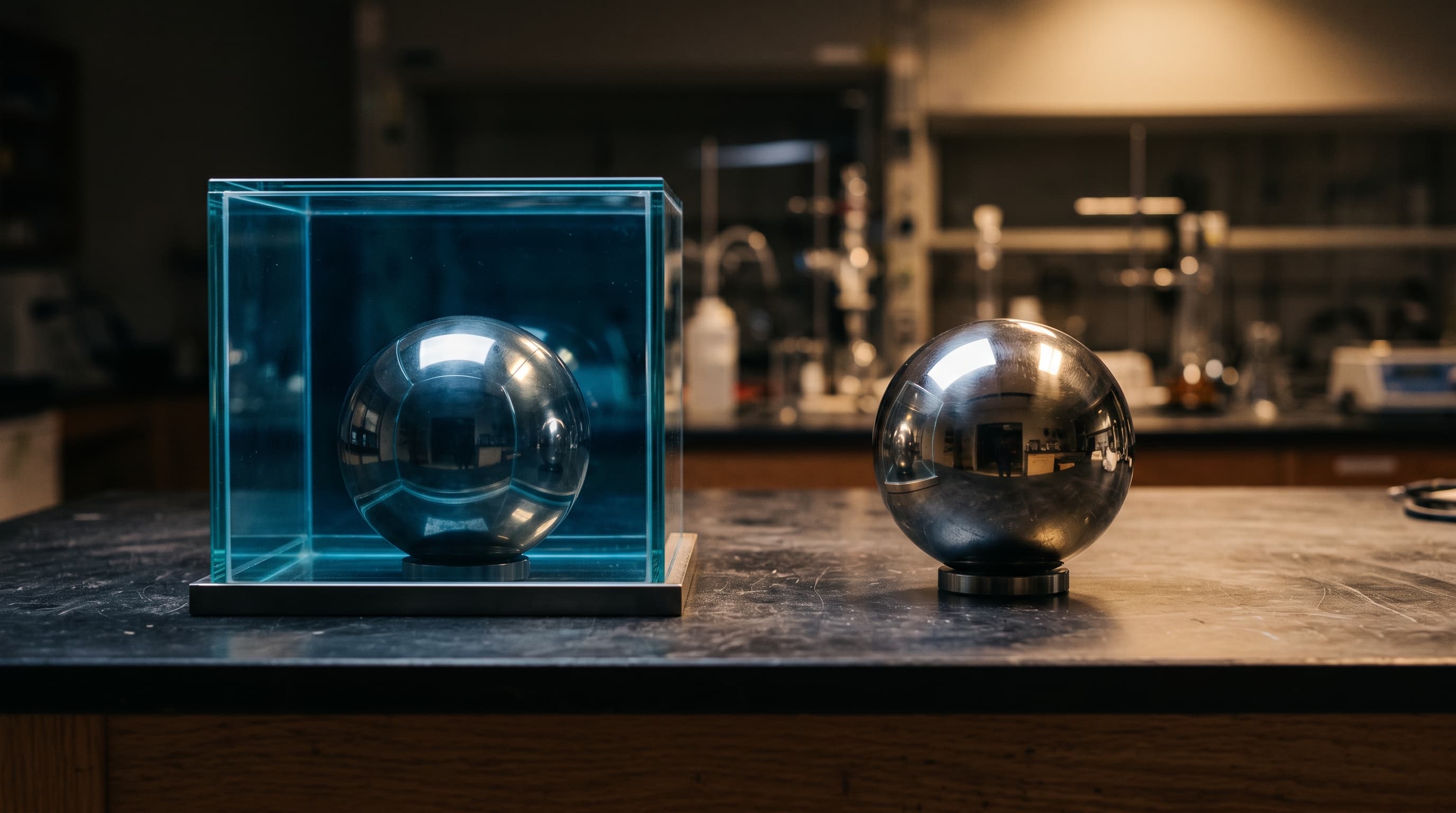 Kaksi samanlaista metallipalloa laboratoriopöydällä, toinen turvalasin takana