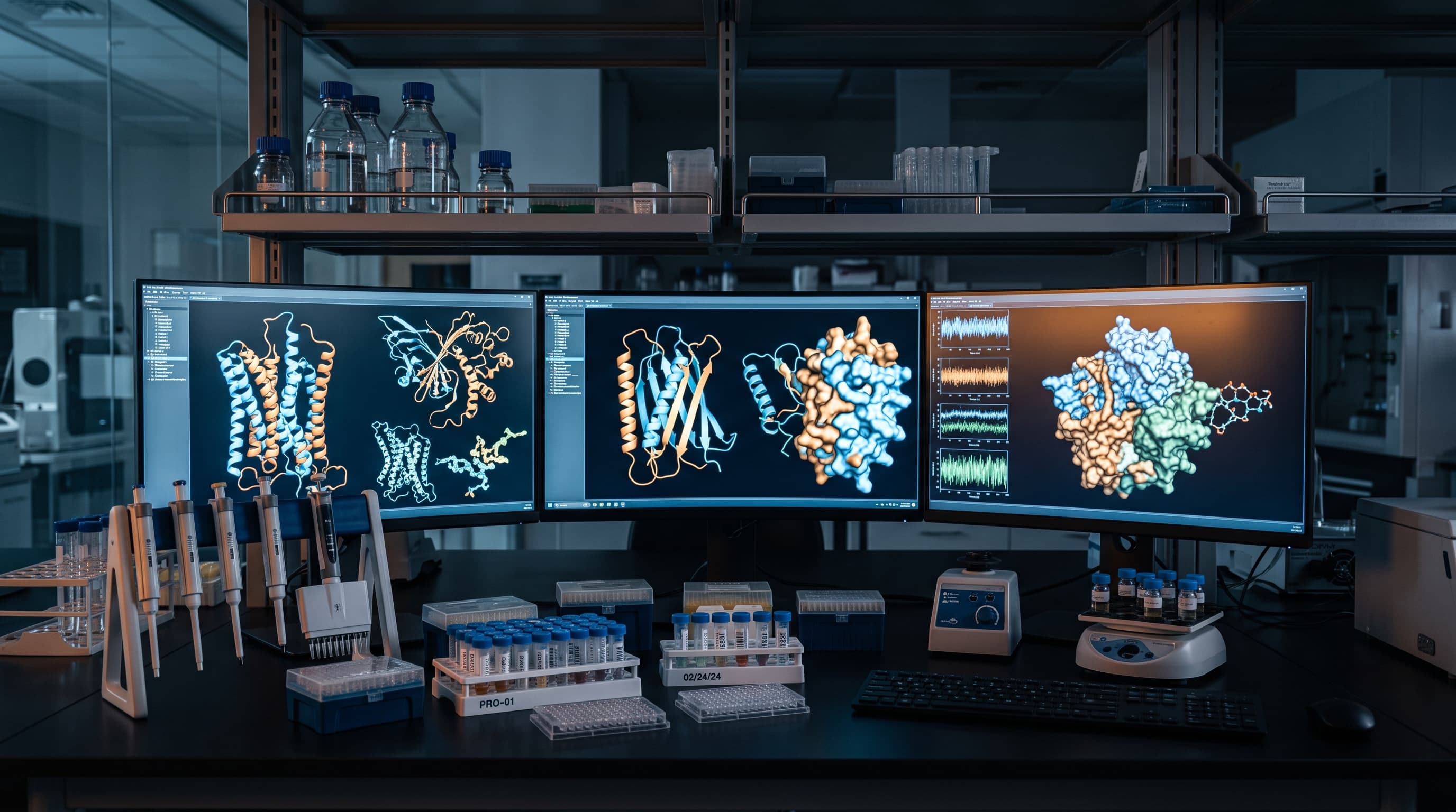 Laskennallisen biologian laboratoriopöytä, jonka näytöillä hehkuvat proteiinirakenteet