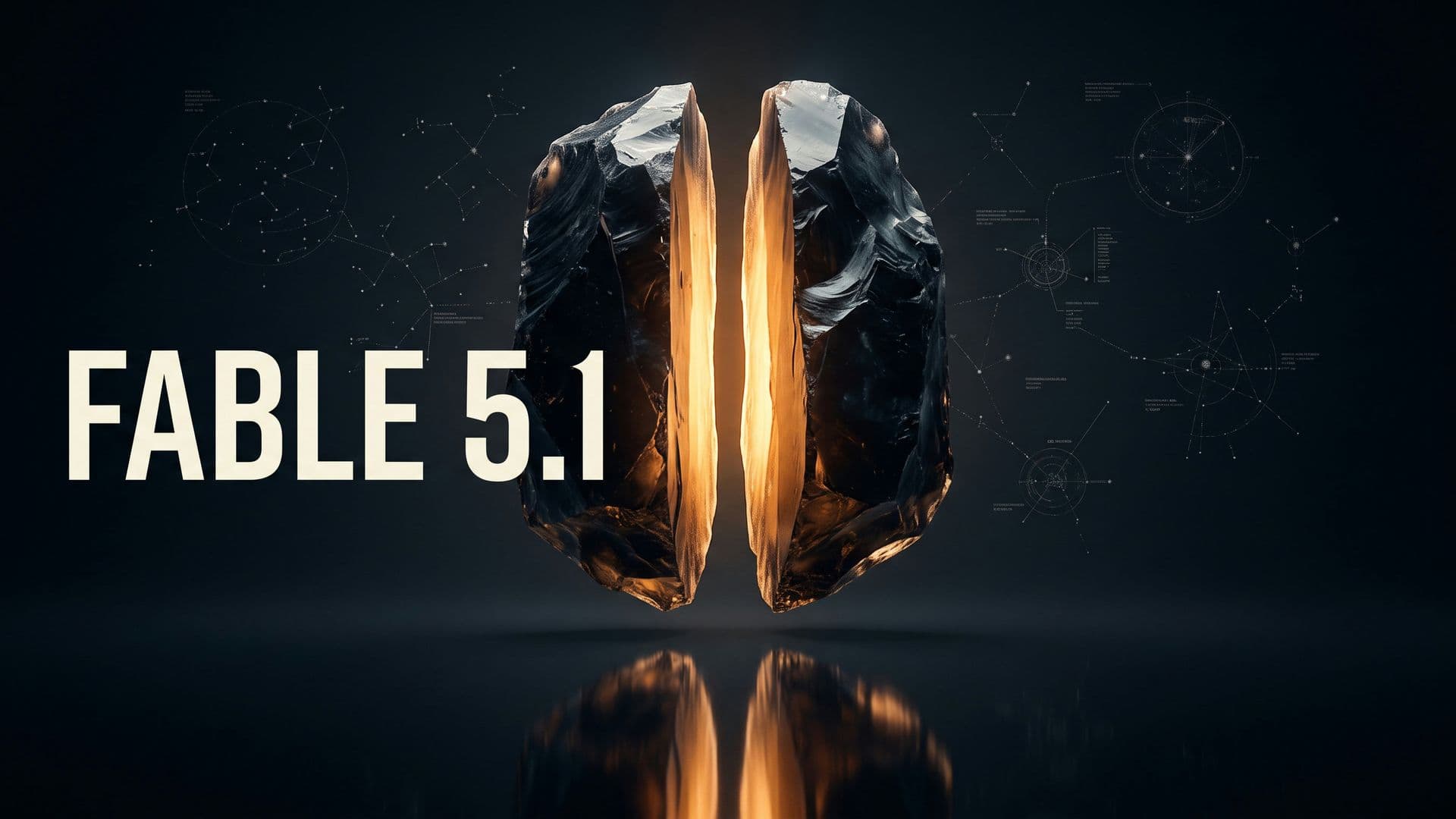 Kahtia halkaistu obsidiaanimonoliitti, jonka saumasta hehkuu lämmin valo, ja teksti FABLE 5.1
