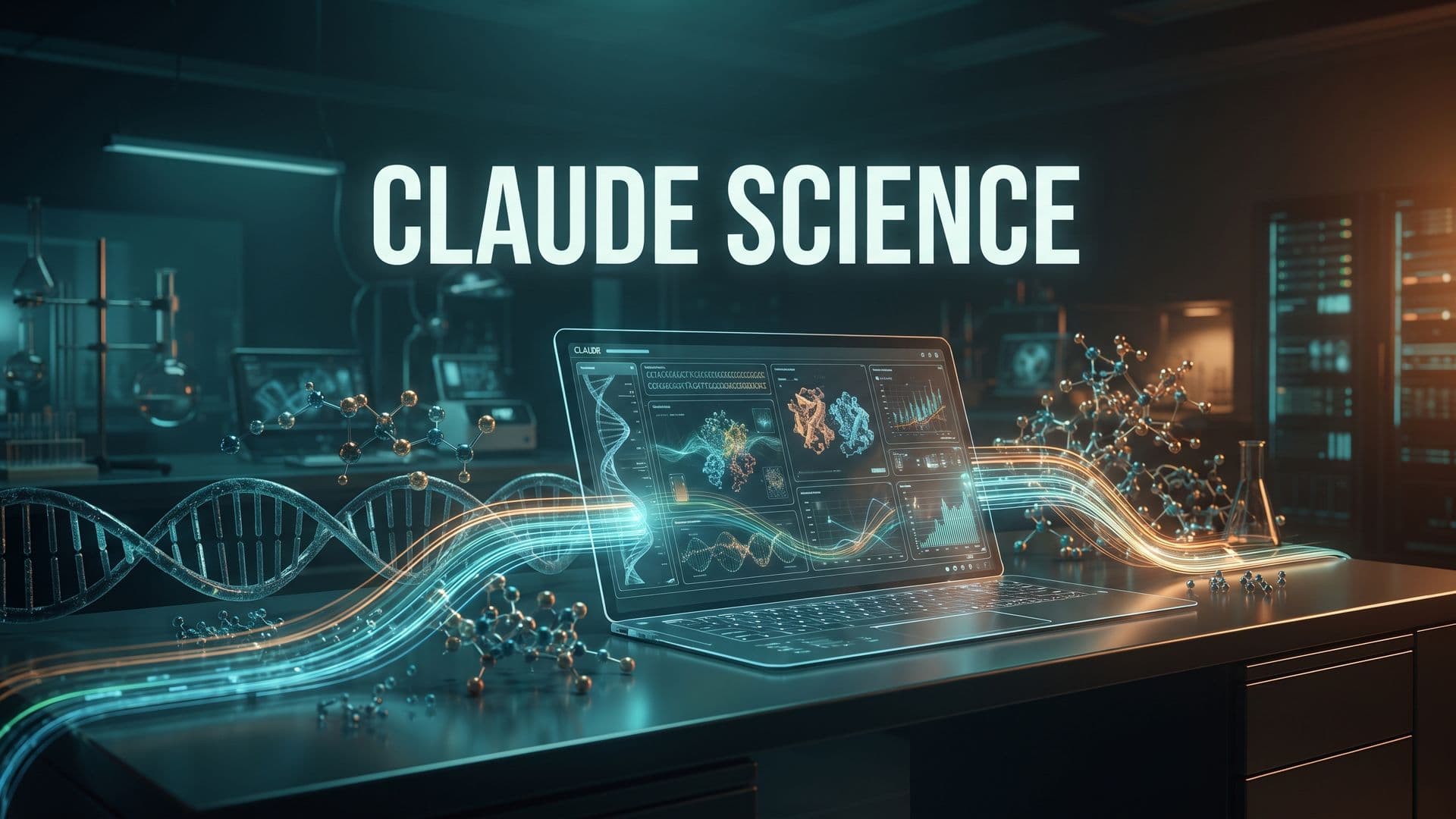 Claude Science -kansikuva: hehkuva digitaalinen laboratorio ja teksti CLAUDE SCIENCE
