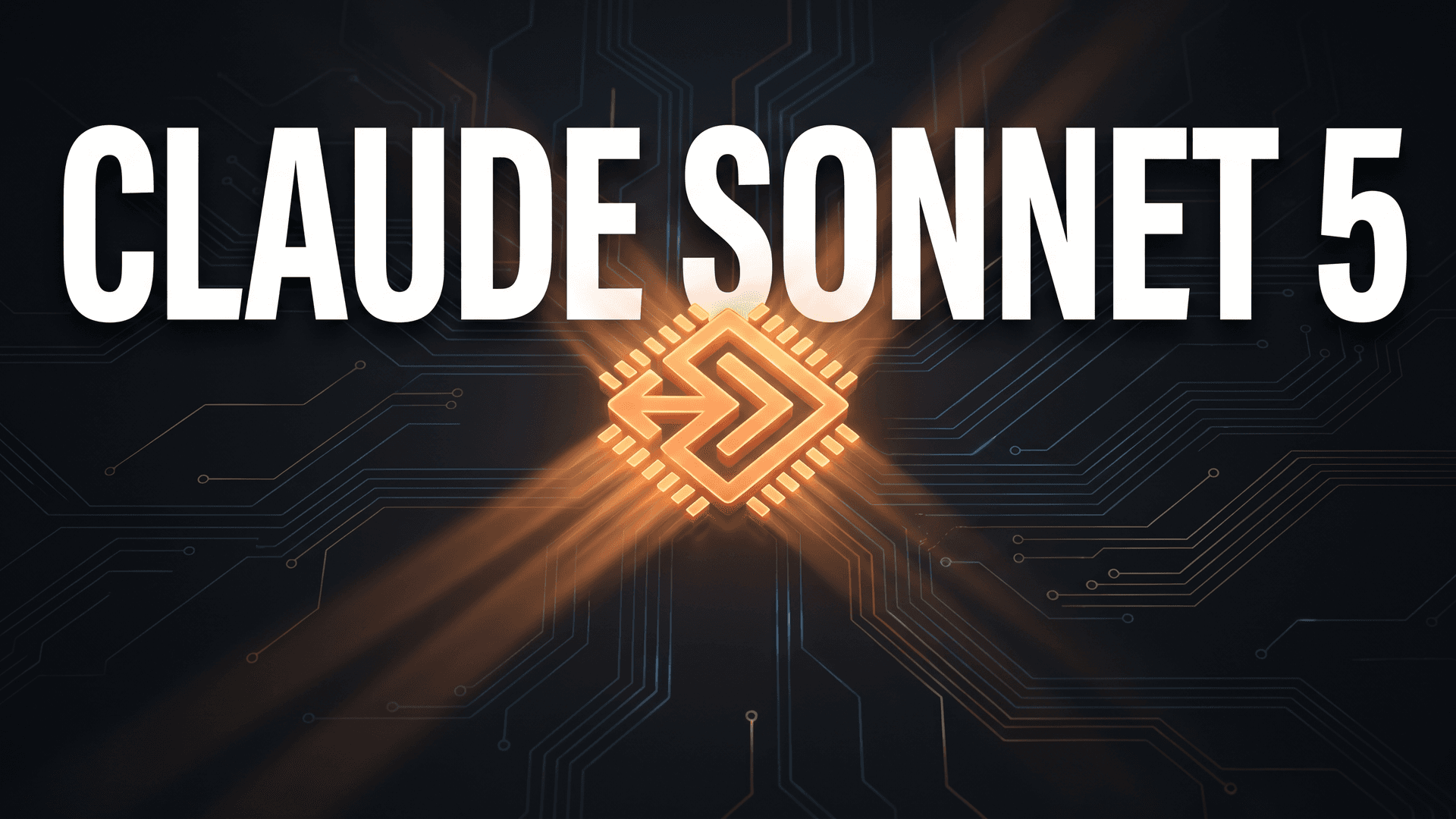 Claude Sonnet 5 -julkaisugrafiikka oranssilla agenttiemblemällä tummalla taustalla.