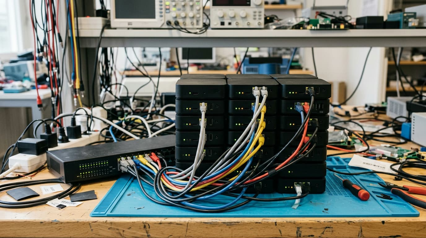 Halpoja Android-TV-bokseja kytkettynä verkkoon laboratoriopöydällä