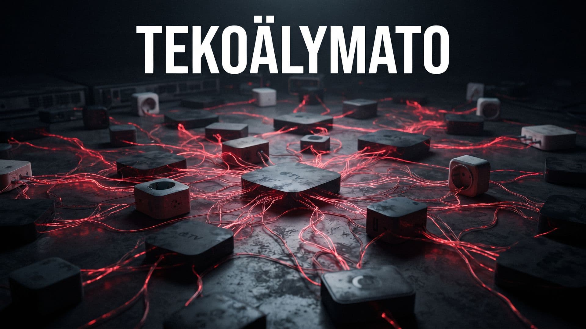Älylaitteiden verkosto punaisin datasäikein ja otsikko Tekoälymato