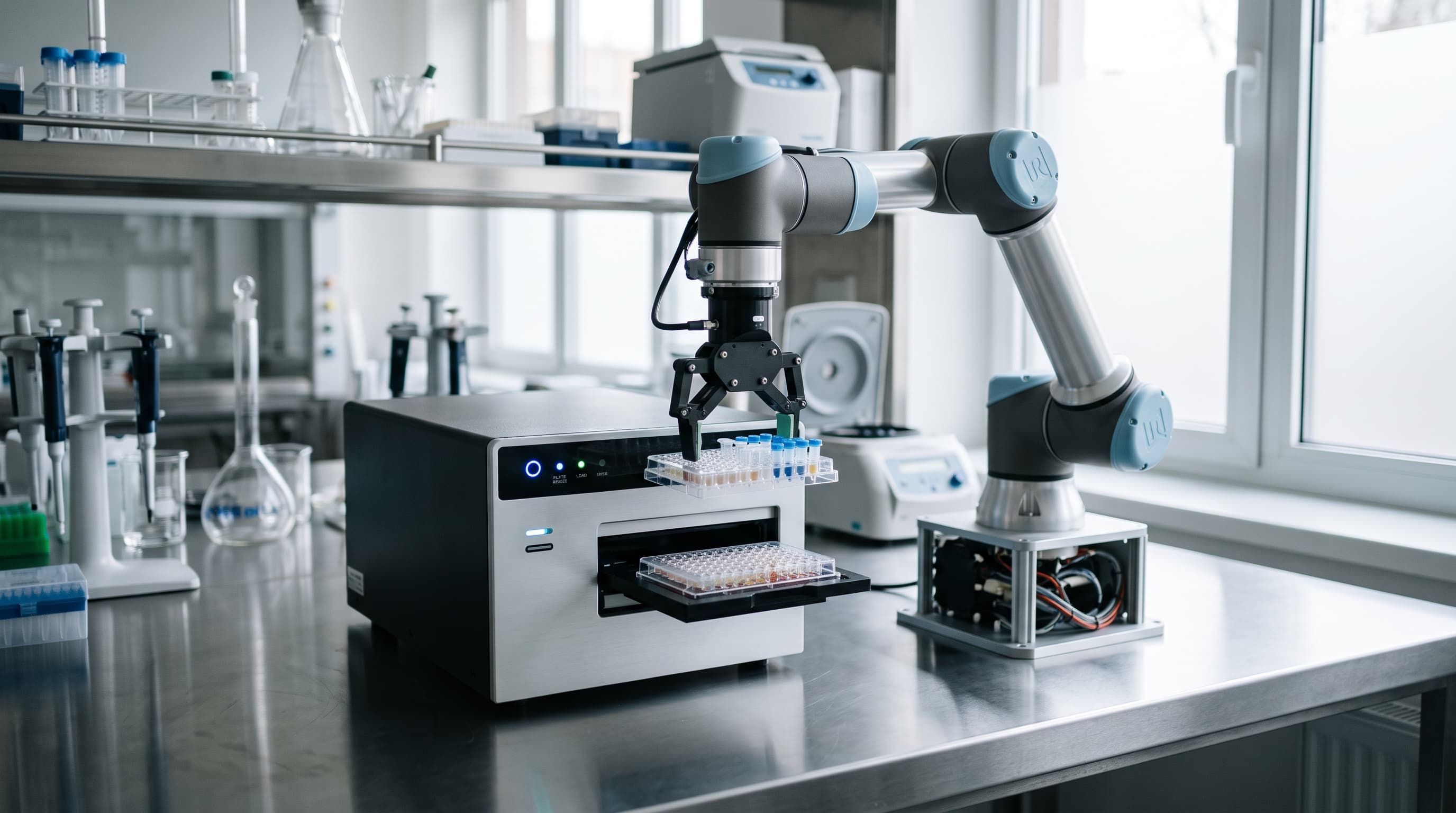 Robottikäsi asettaa mikrolevyn analysaattoriin automatisoidulla laboratoriopöydällä.