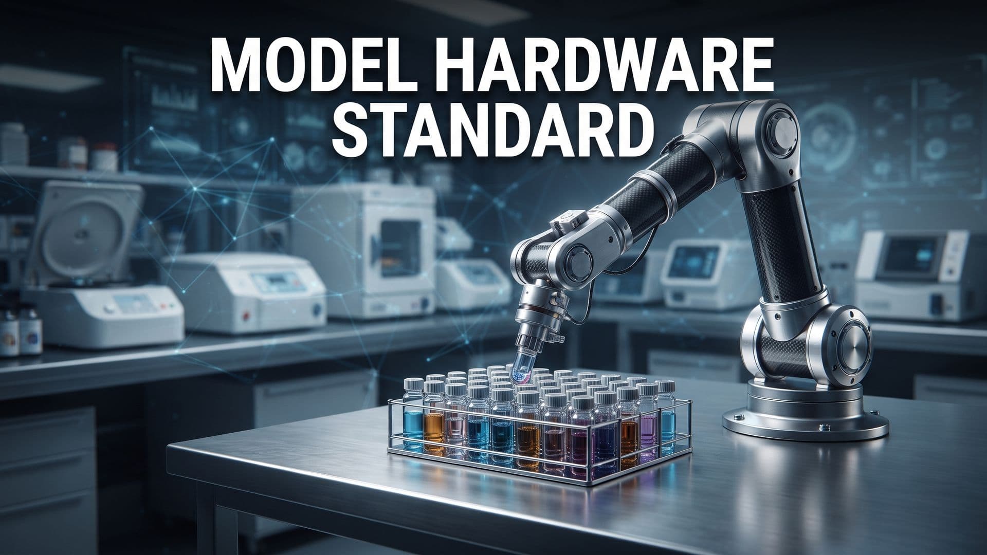 Robottikäsi tarttuu näyteputkiin laboratoriossa, kuvassa teksti Model Hardware Standard.