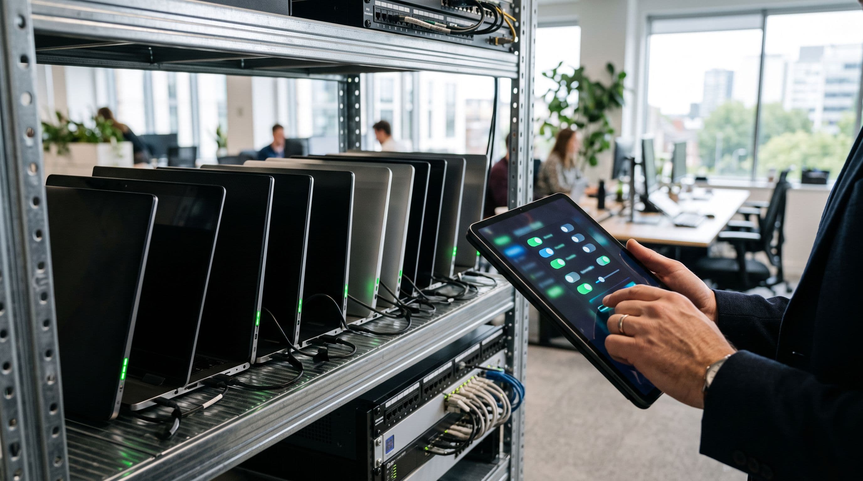 IT-ylläpitäjä hallitsee kannettavien tietokoneiden käyttöoikeuksia tabletilla toimiston laitehuoneessa