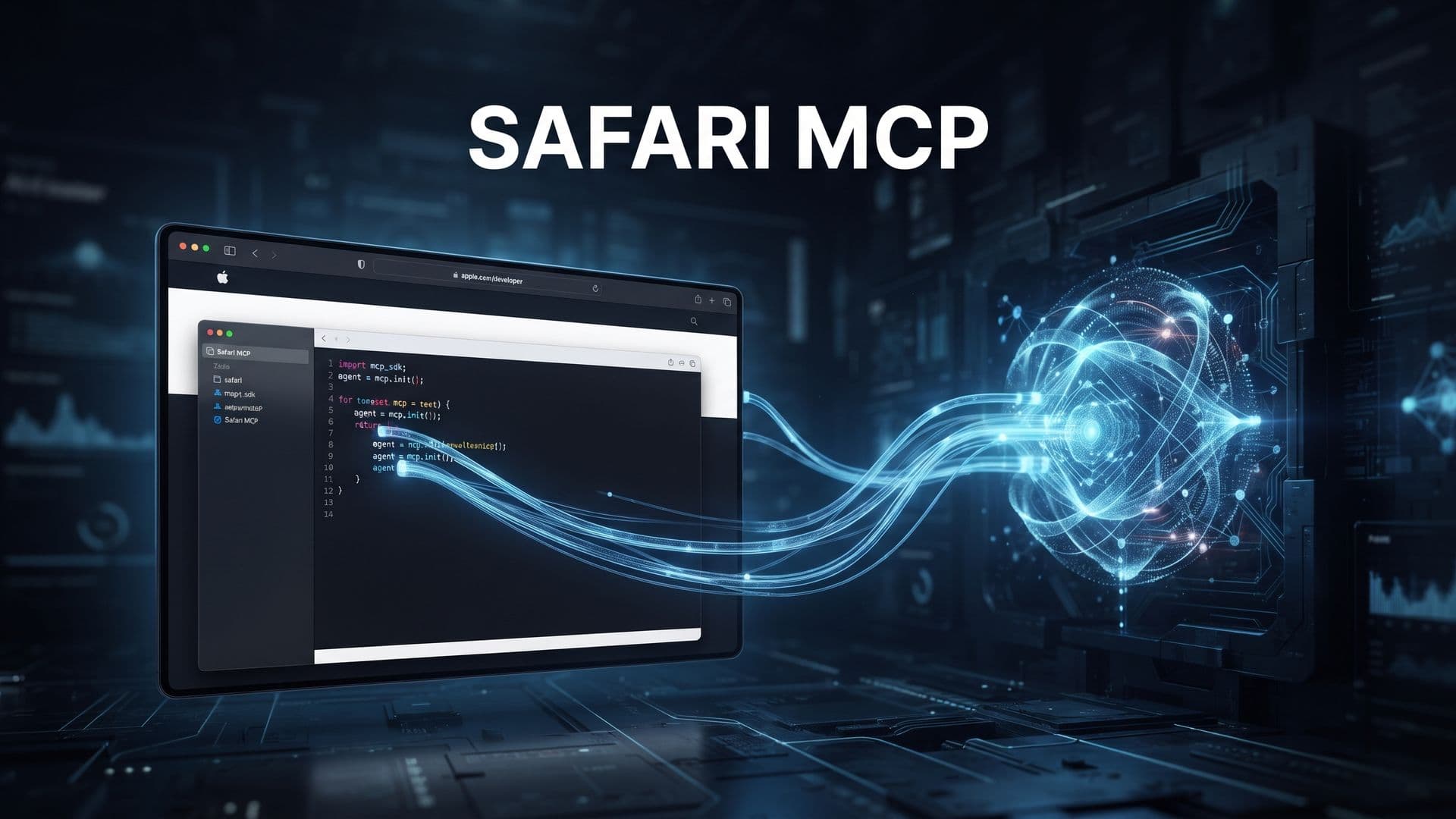 Safari-MCP-kansikuva: selainikkuna, tekoälyydin ja teksti SAFARI MCP