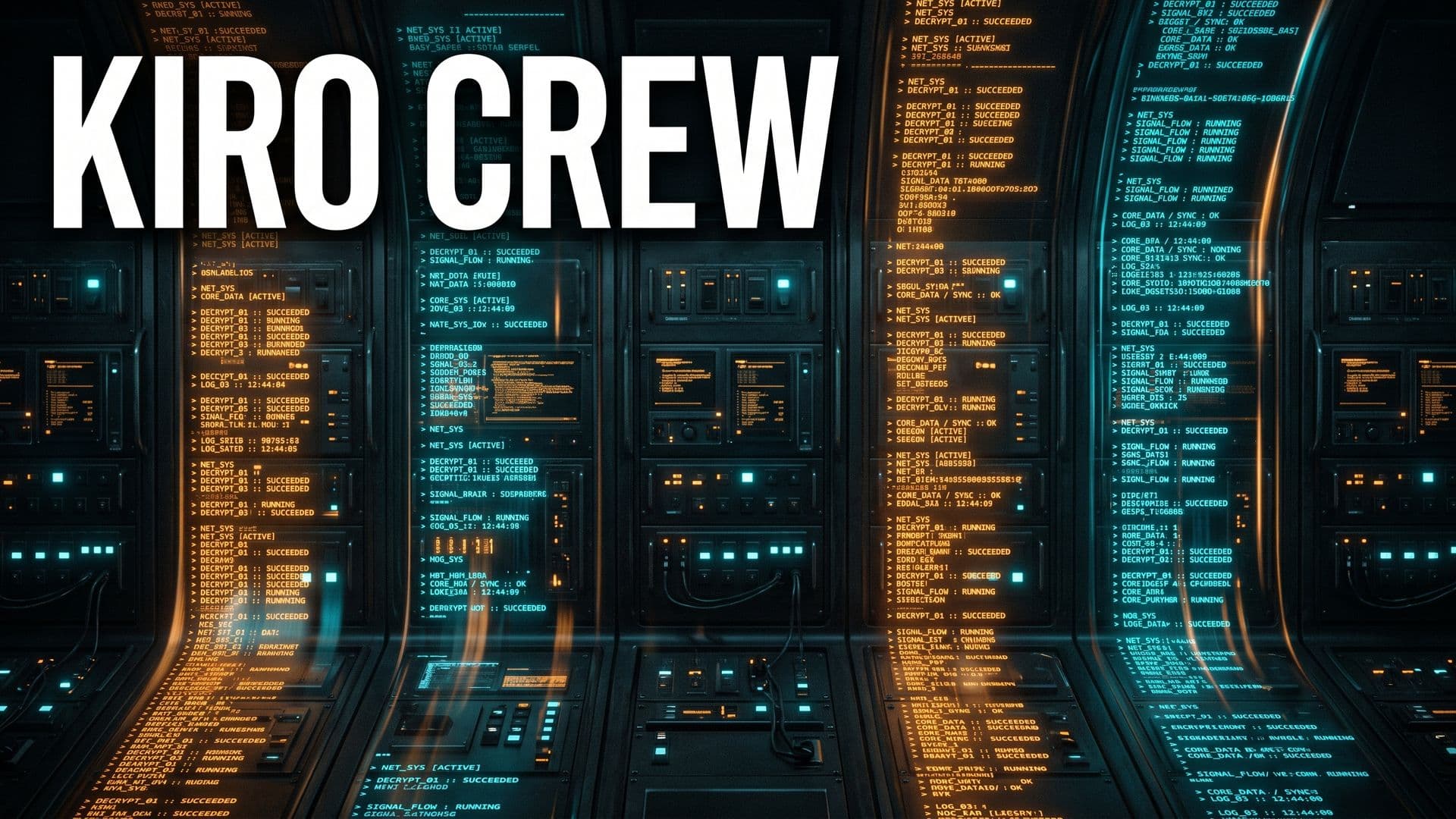 Valvomon näyttöseinä, jossa useita rinnakkaisia koodivirtoja ja teksti KIRO CREW