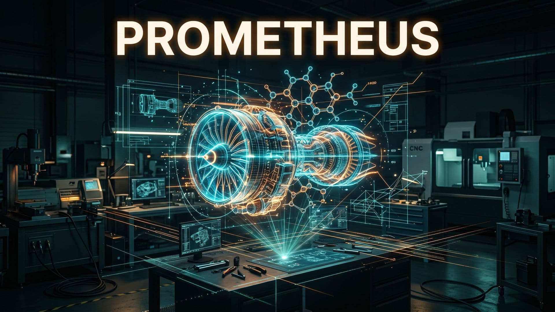PROMETHEUS-otsikkokuva: hehkuva holografinen suihkumoottori ja molekyylihila