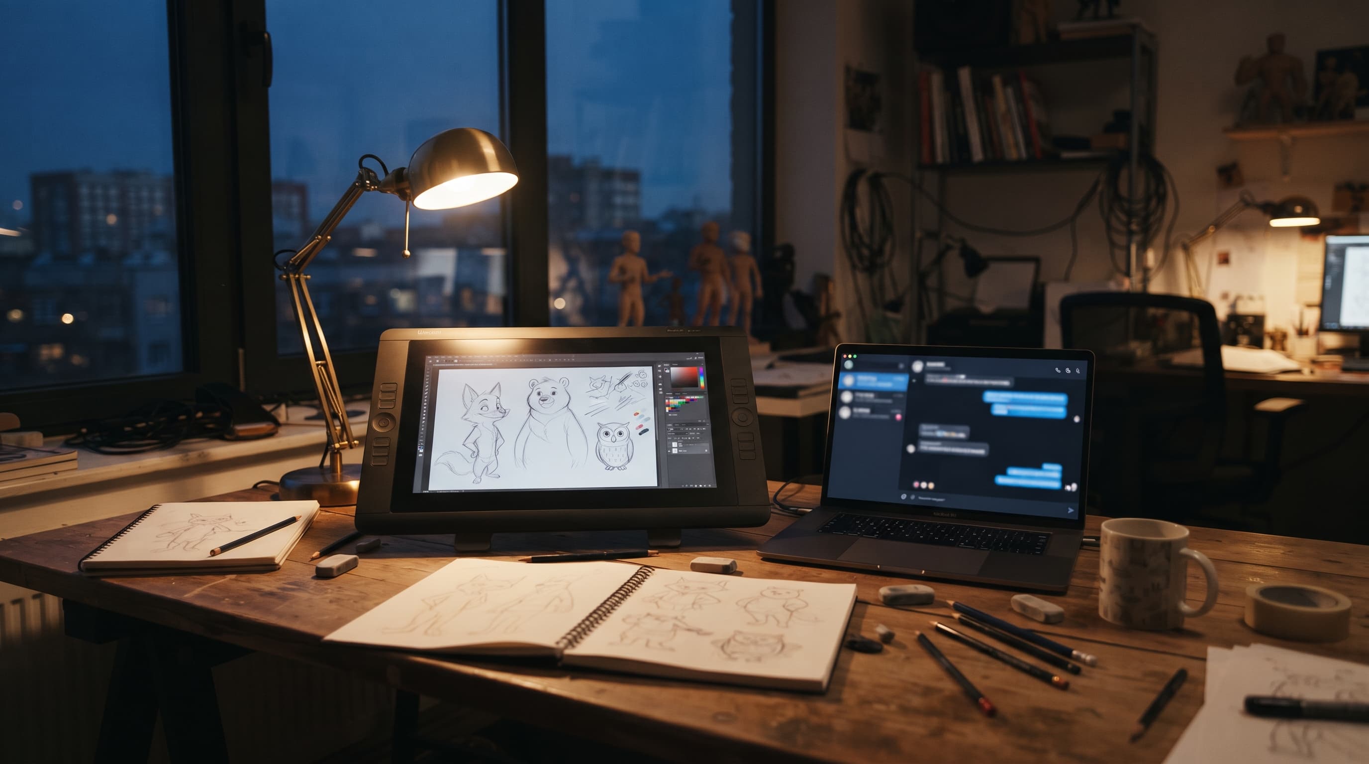 Animaatiostudion työpöytä, hahmoluonnoksia ja kannettava tietokone