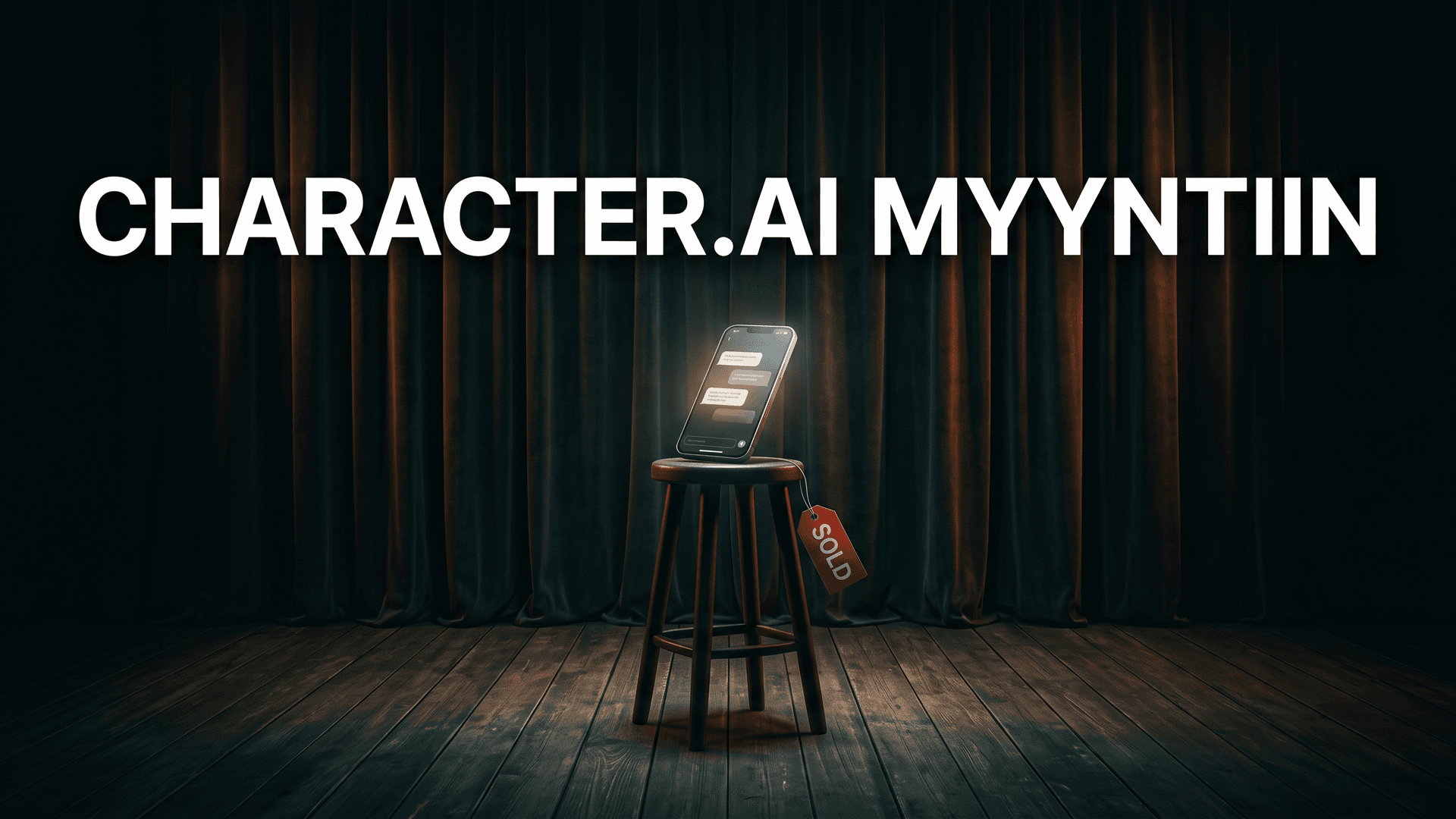 Tyhjä näyttämö, jakkaralla hehkuva puhelin, tekstinä Character.AI myyntiin