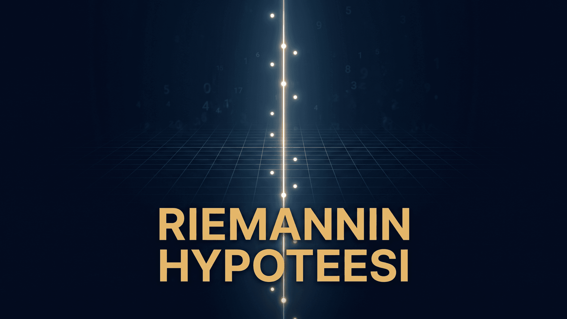Kuvituskuva Riemannin hypoteesista: hehkuva pystyviiva ja nollakohdat tummalla taustalla