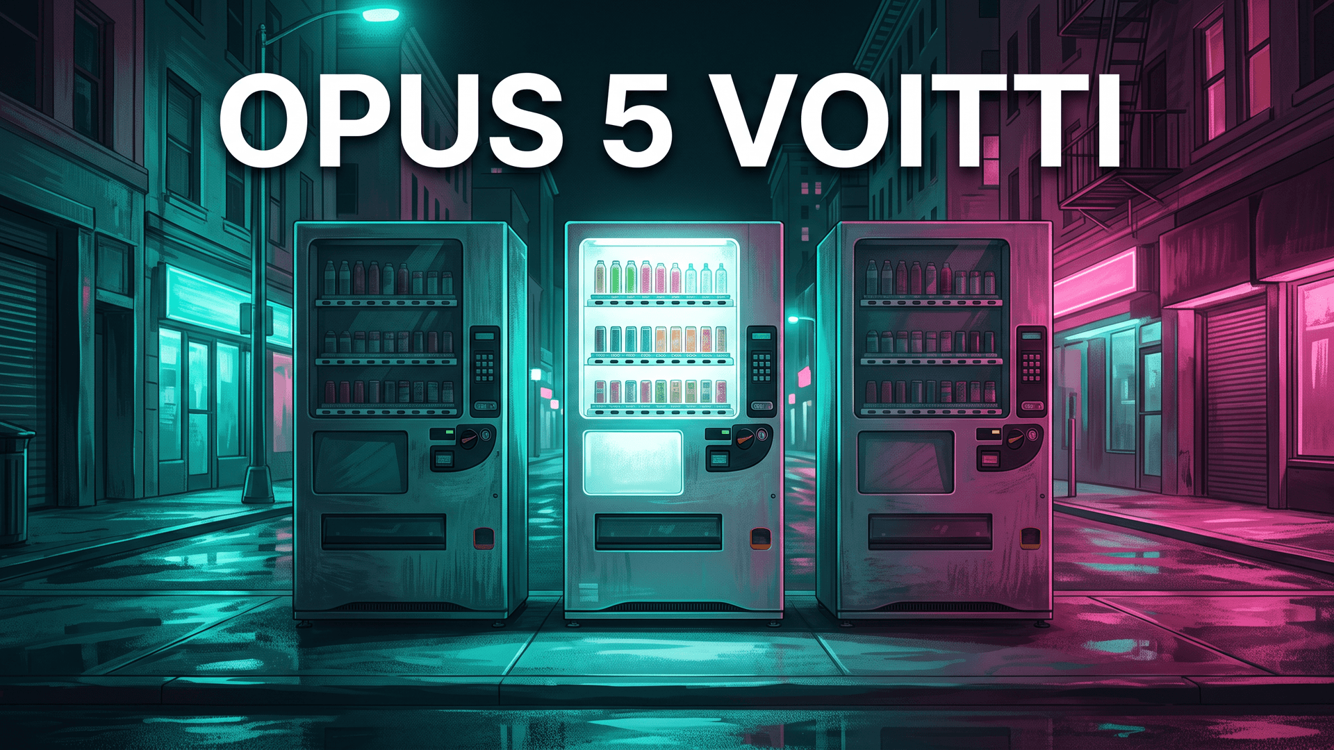 Kolme juoma-automaattia neonvalaistulla kadulla, otsikkona Opus 5 voitti