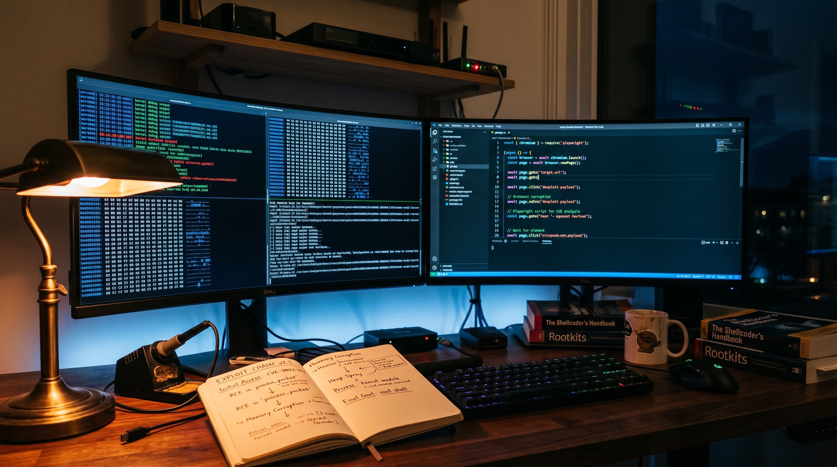 Tietoturvatutkijan hämärä työpöytä, näytöillä kernel-debug-tulosteita ja hex-dumppeja.