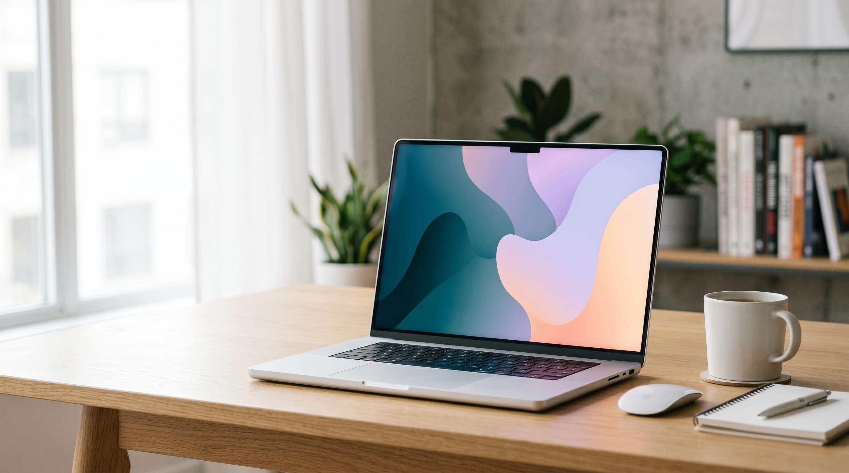 Hopeinen MacBook Pro valkoisella pöydällä, näytöllä macOS Tahoe -tyylinen abstrakti taustakuva.