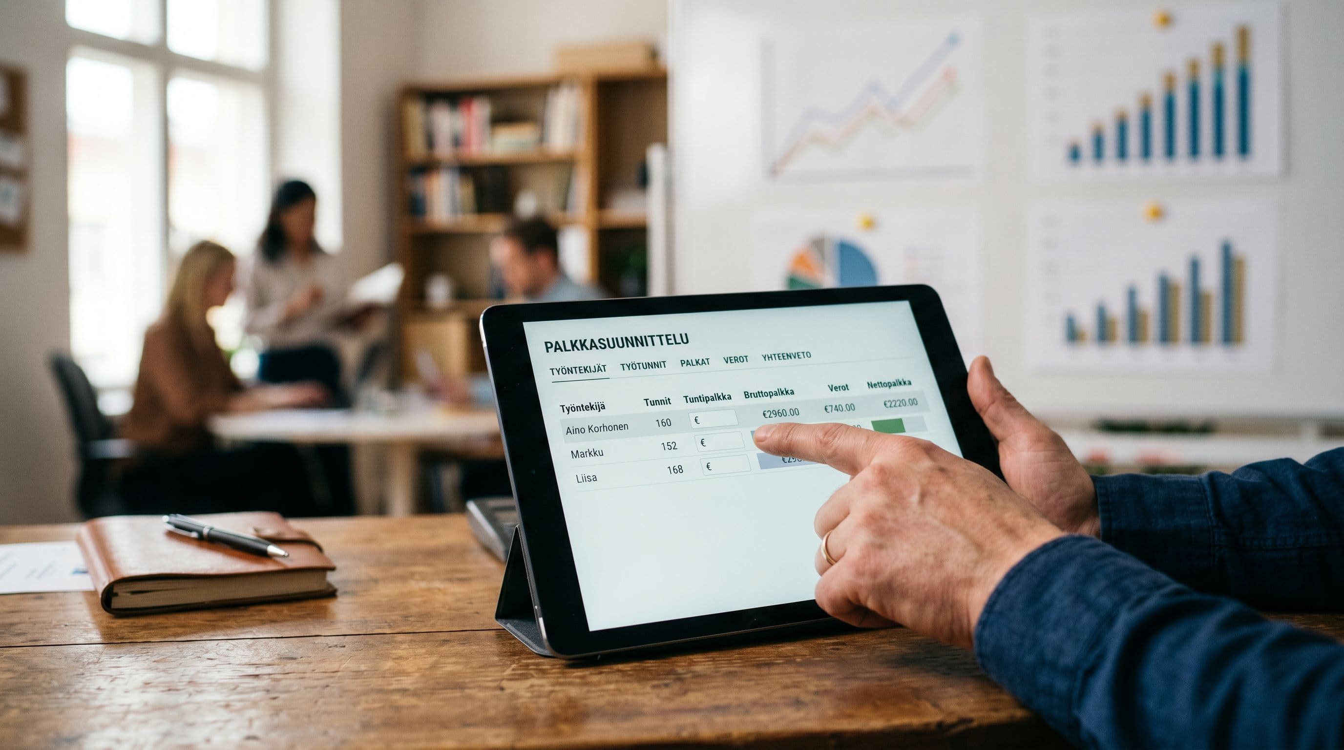 Pk-yrittäjän käsi osoittaa palkkahallinnon suunnittelunäkymää tabletilla.