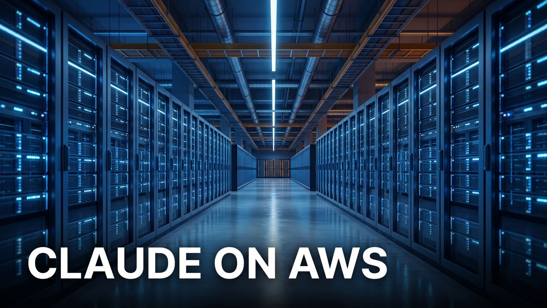 Magazine-kansikuva, jossa moderni hyperskaala-datakeskuksen palvelinhalli ja teksti CLAUDE ON AWS.