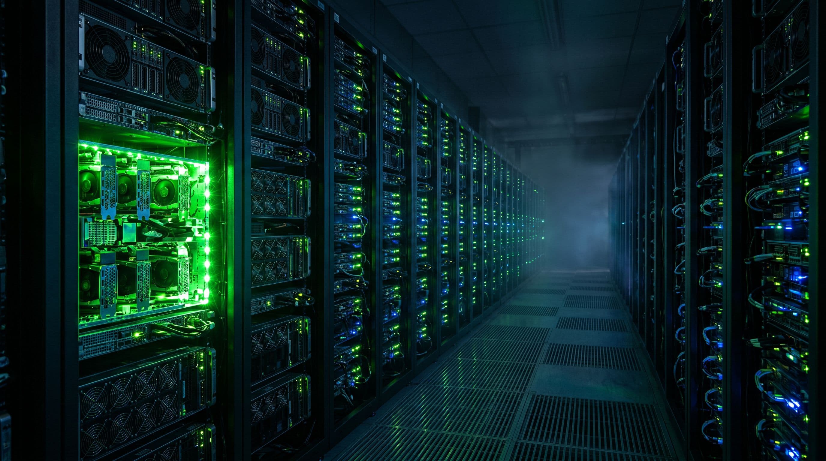 NVIDIA-grafiikkasuorittimien rivit hyperscale-datakeskuksen kylmäkäytävässä