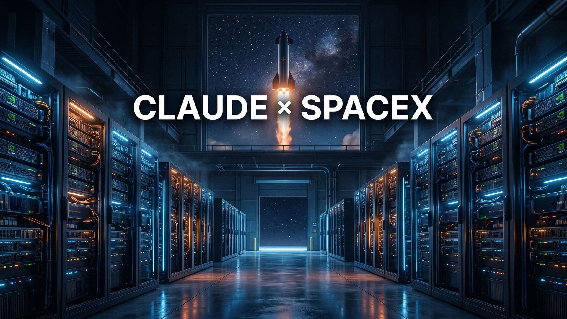 Datakeskuksen GPU-rivit ja taustalla SpaceX-raketin siluetti — Anthropicin ja SpaceXin yhteistyö