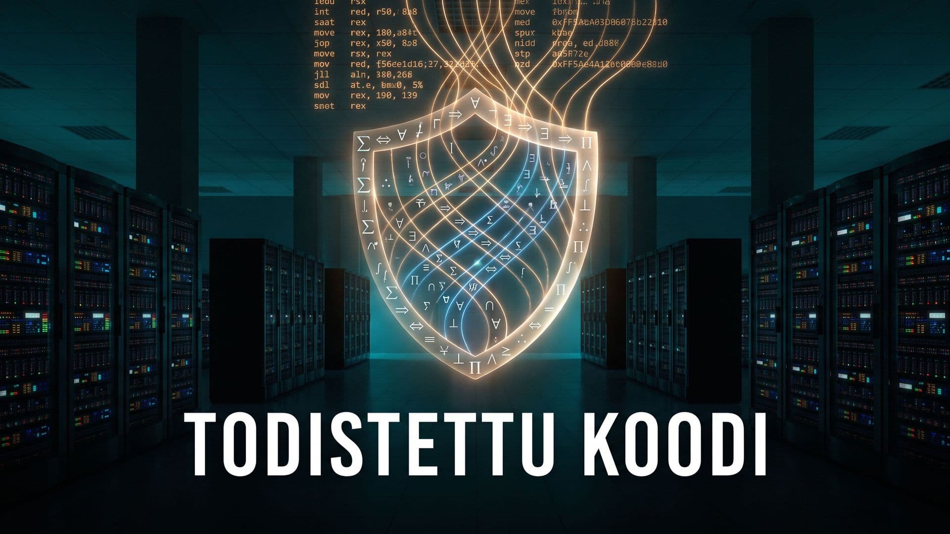 Konesalissa hehkuva logiikkasymboleista koottu kilpi ja teksti Todistettu koodi