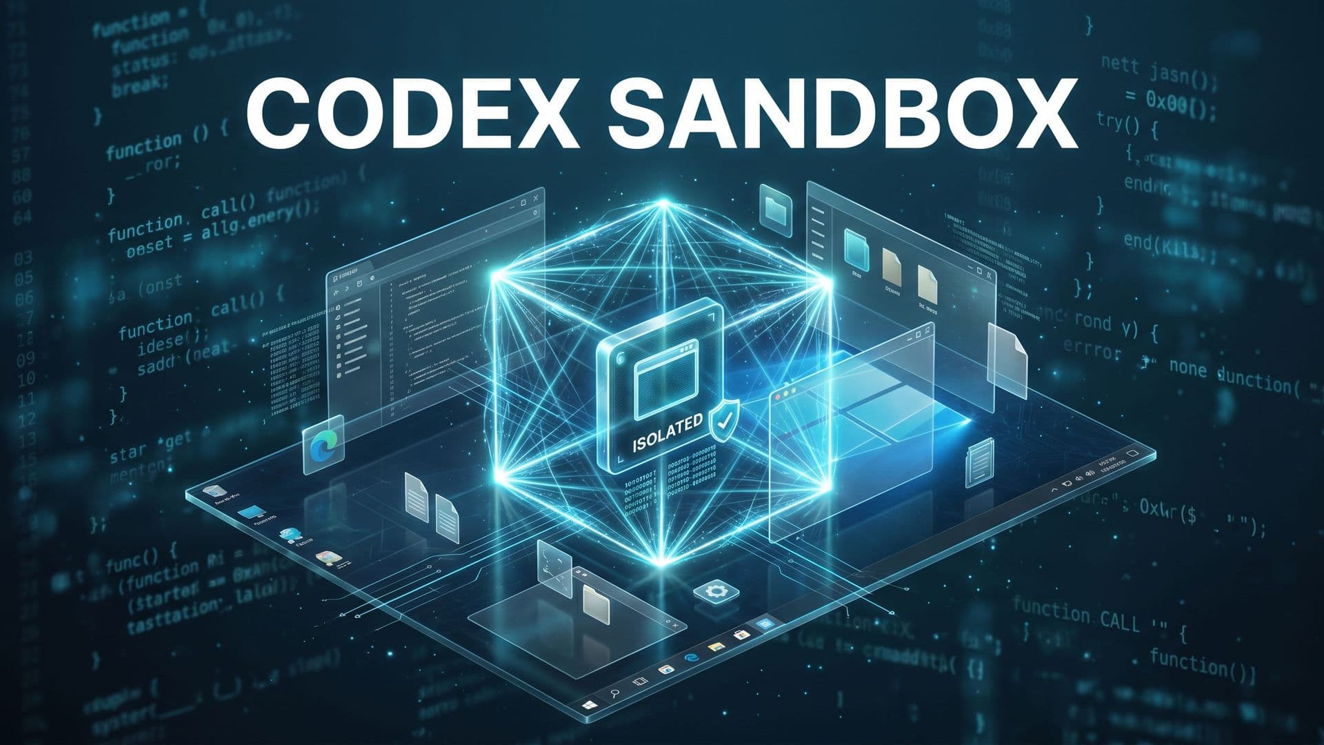 Editorial-kansi: Codex Sandbox -teksti ja suojakuori prosessin ympärillä Windows-työpöydällä.