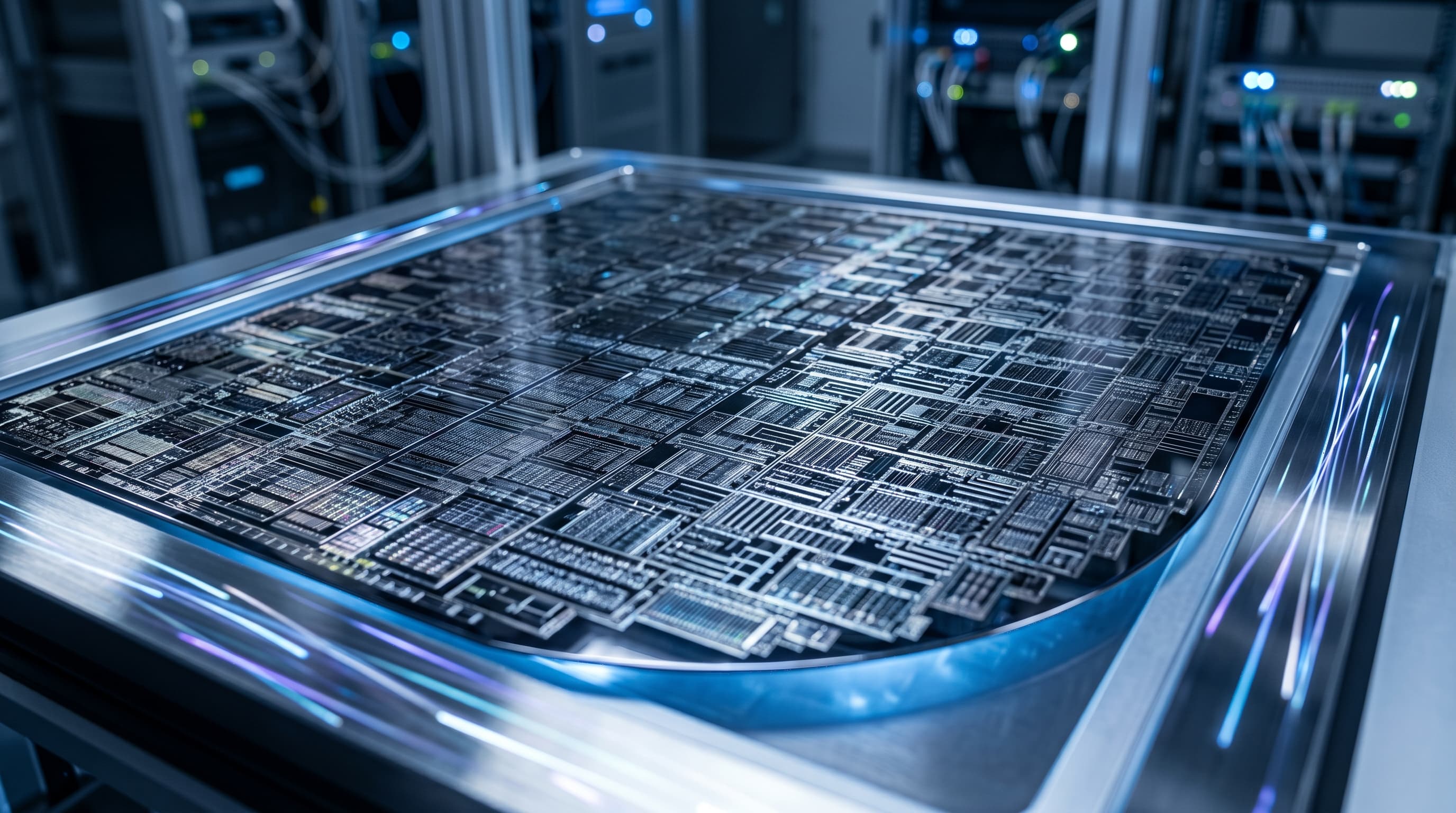 Lähikuva massiivisesta piilevyyn pohjautuvasta tekoälykiihdyttimestä viileän sinisen valon alla — kuvituskuva Cerebraksen Wafer Scale Enginestä