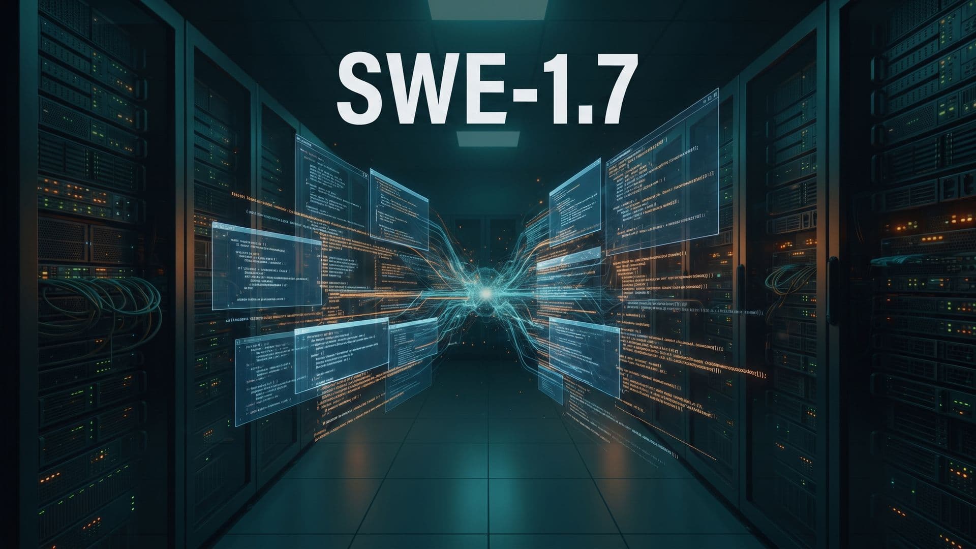 SWE-1.7-teksti loistaa datakeskuksessa, jossa koodivirrat kuvaavat Cognitionin uutta koodausmallia.