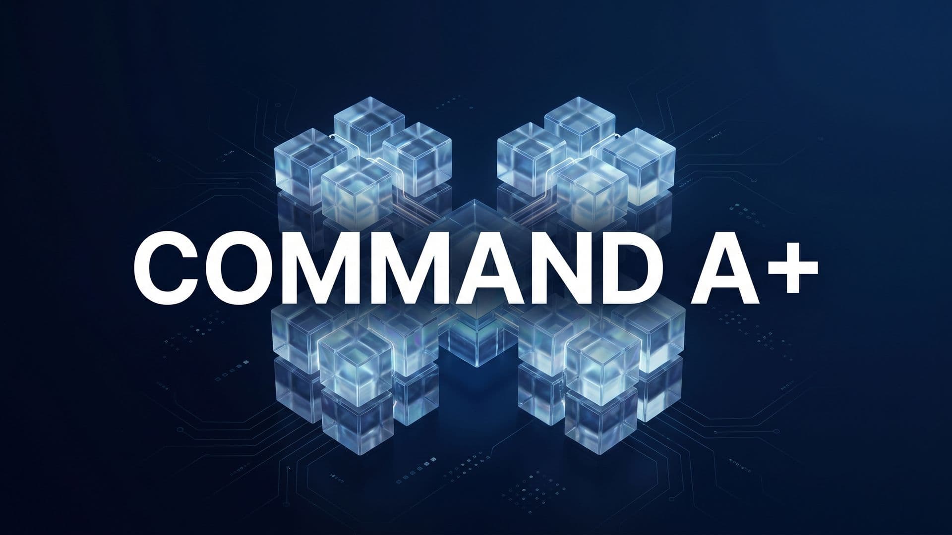 Command A+ -kielimallin tunnuskuva, jossa hehkuva moduulipohjainen neuroverkkoydin.
