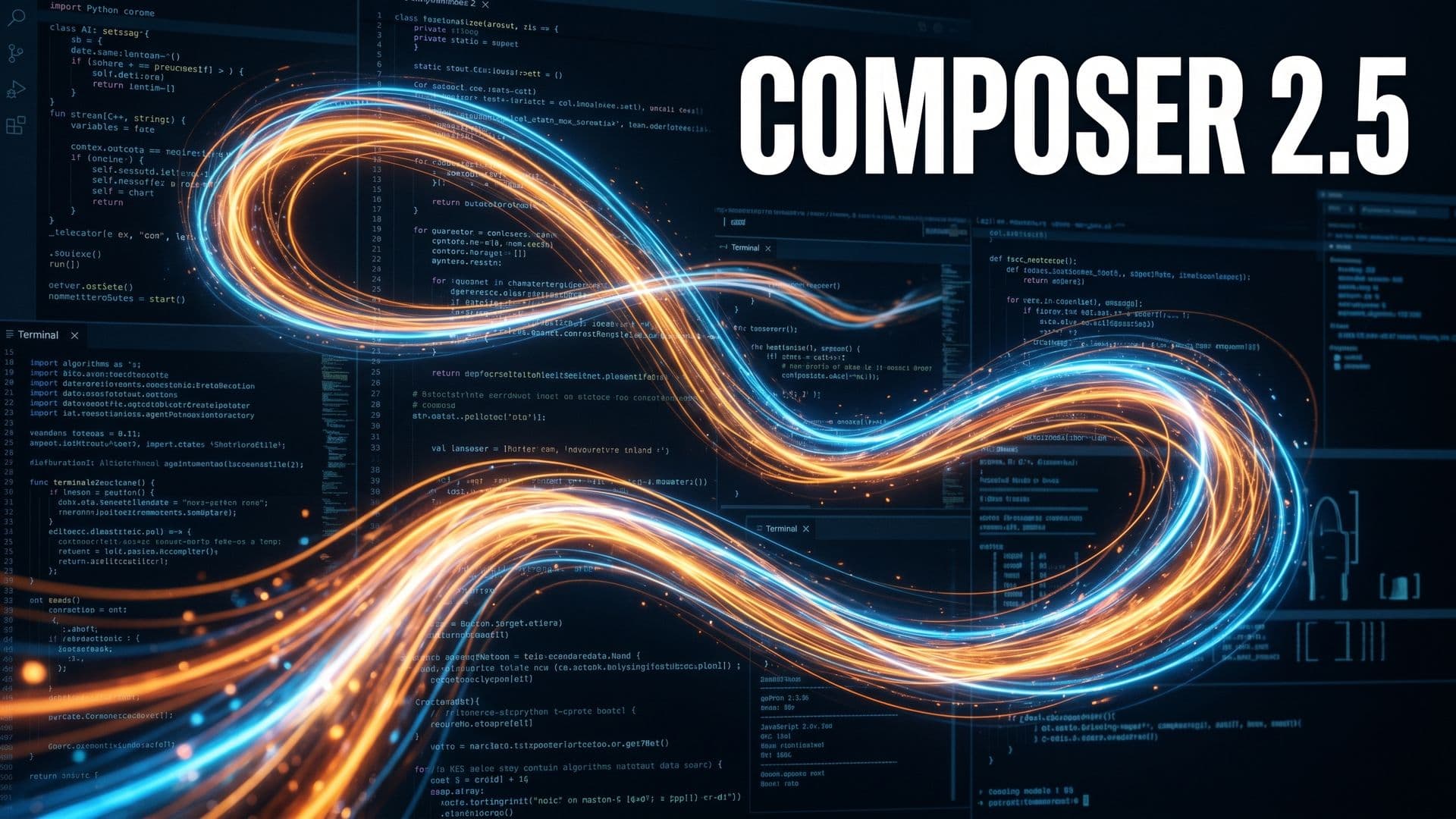 Composer 2.5 -koodausmallin tunnuskuva, jossa hehkuva nauha kulkee pääteympäristön läpi.