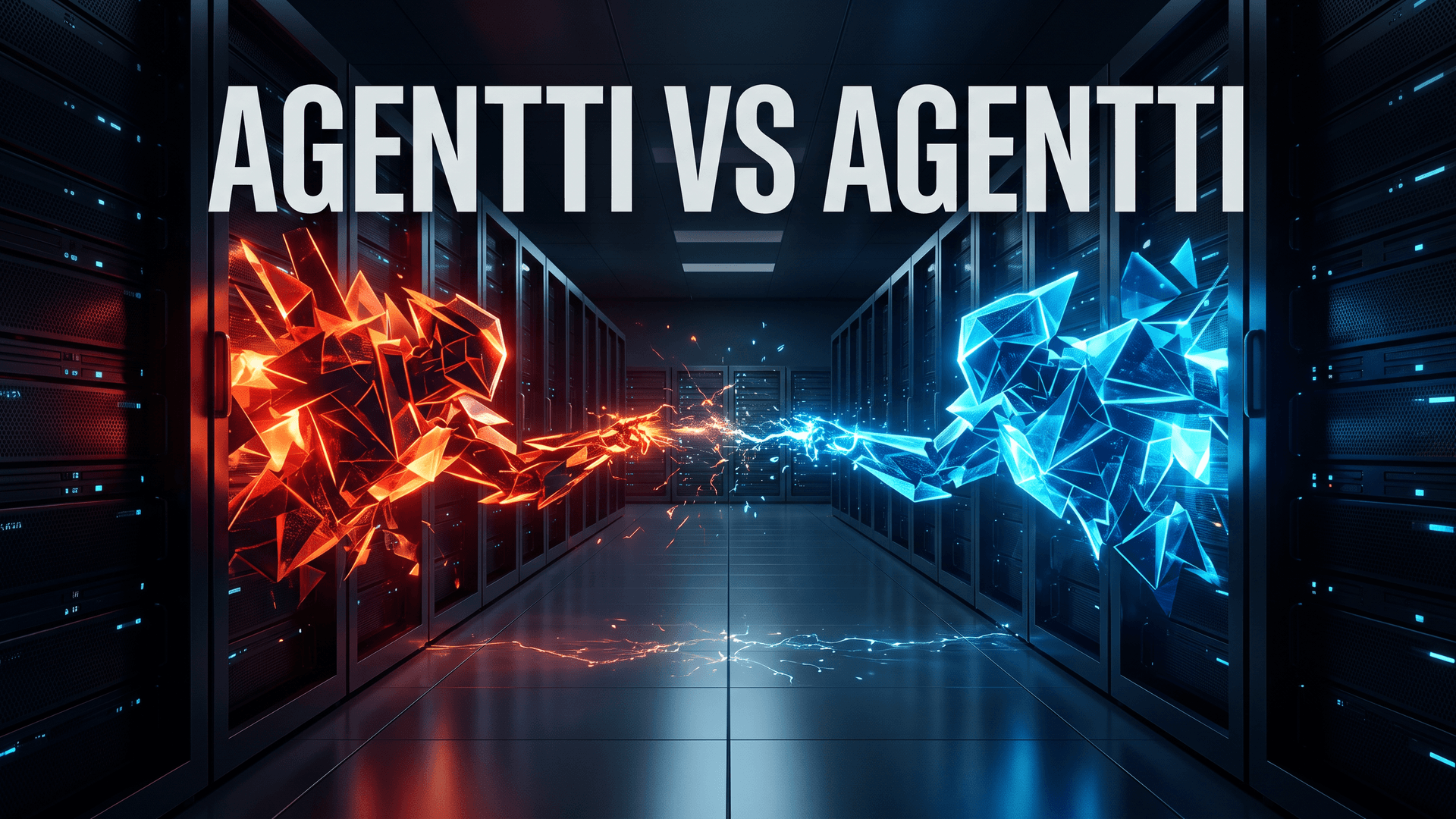 Punainen ja sininen hehkuva hahmo vastakkain tummassa palvelinkäytävässä, teksti AGENTTI VS AGENTTI