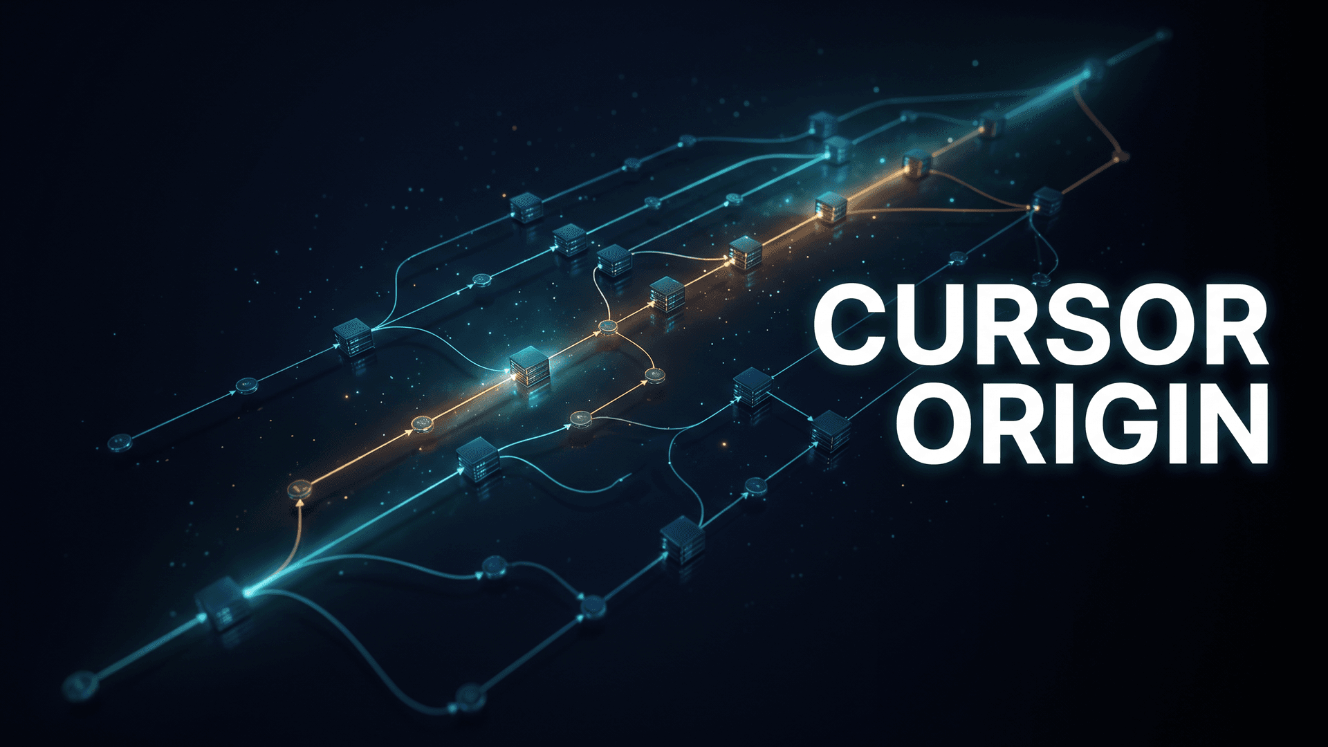 Cursor Origin -koodipalvelun graafinen kansikuva, jossa hehkuva git-haarautumiskaavio