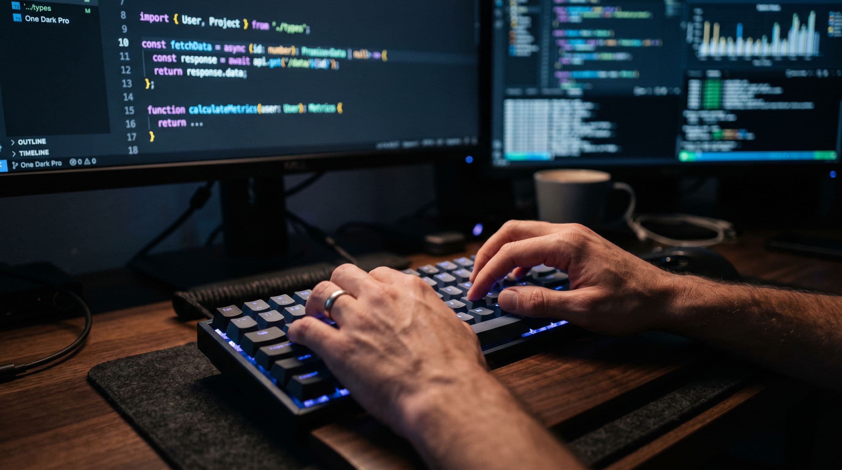 Lähikuva kehittäjän käsistä kirjoittamassa TypeScript-koodia tummateemaiseen editoriin.