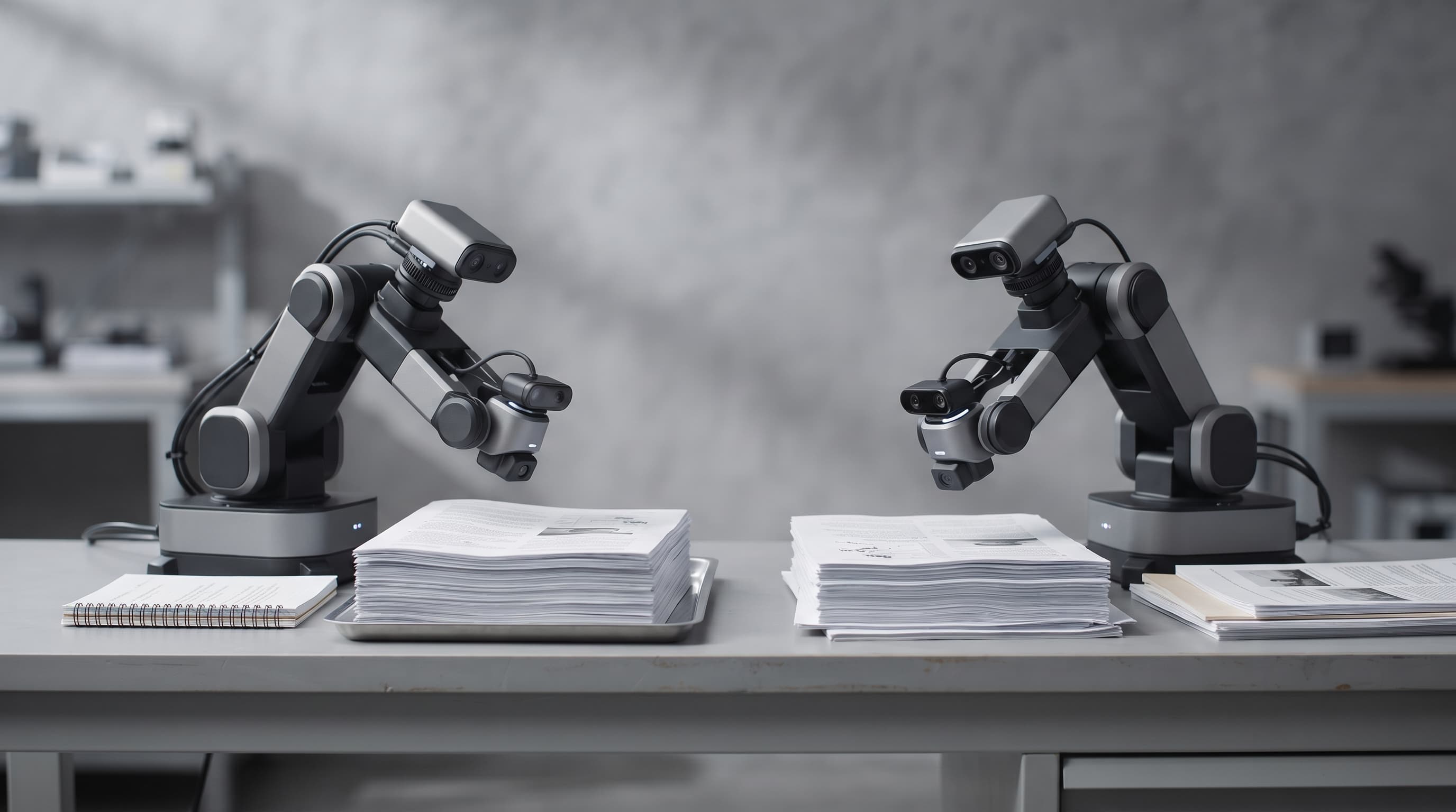 Kaksi samanlaista pöytärobottia työpöydällä omien asiakirjapinojensa ääressä