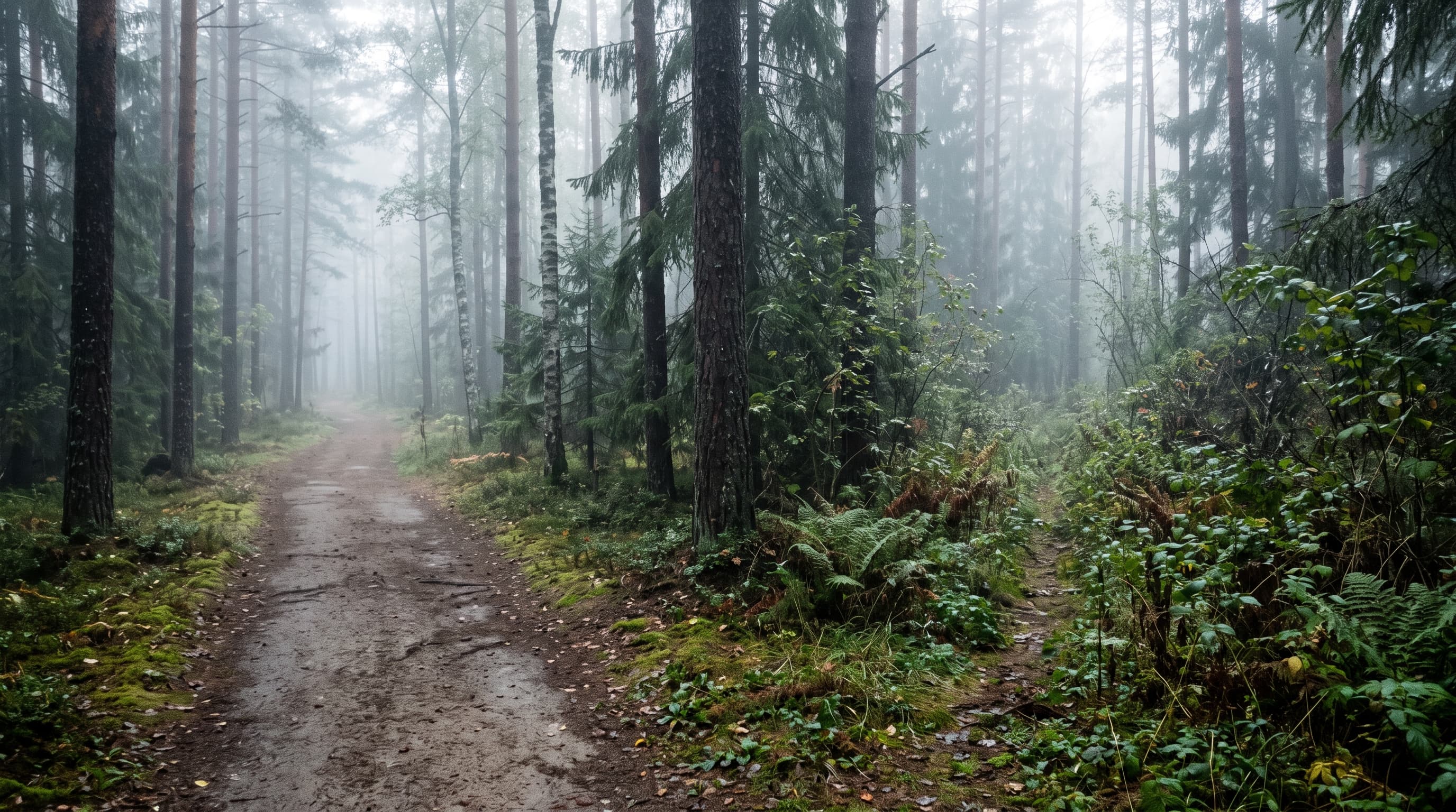 Kaksi haarautuvaa polkua sumuisessa metsässä aamunkoitteessa, toinen kuljettu ja toinen umpeenkasvanut.