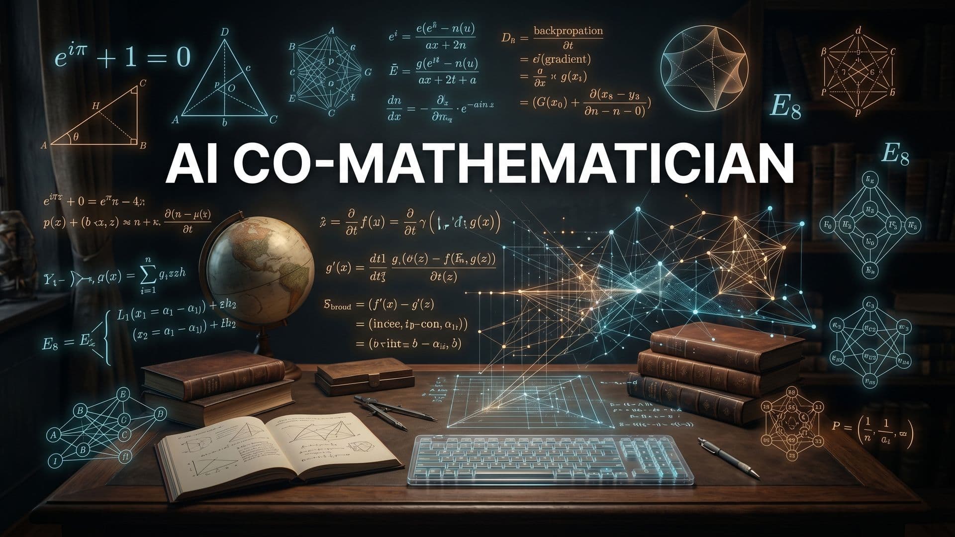 AI Co-Mathematician -kansigrafiikka, tumma tausta ja kelluvia matemaattisia kaavoja sekä geometrisiä symboleja