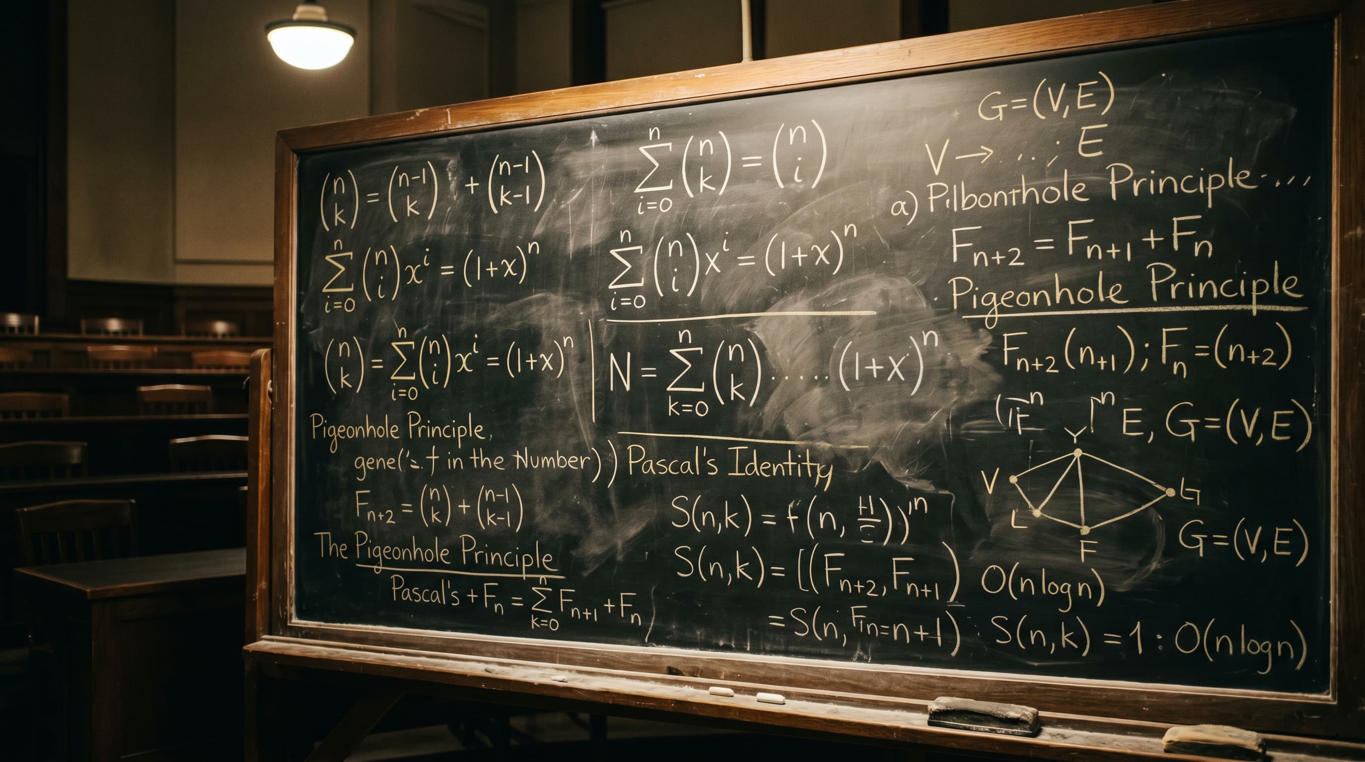 Yliopistoluokan liitutaulu täynnä käsin kirjoitettuja matemaattisia yhtälöitä ja kombinatorisia todistuksia.