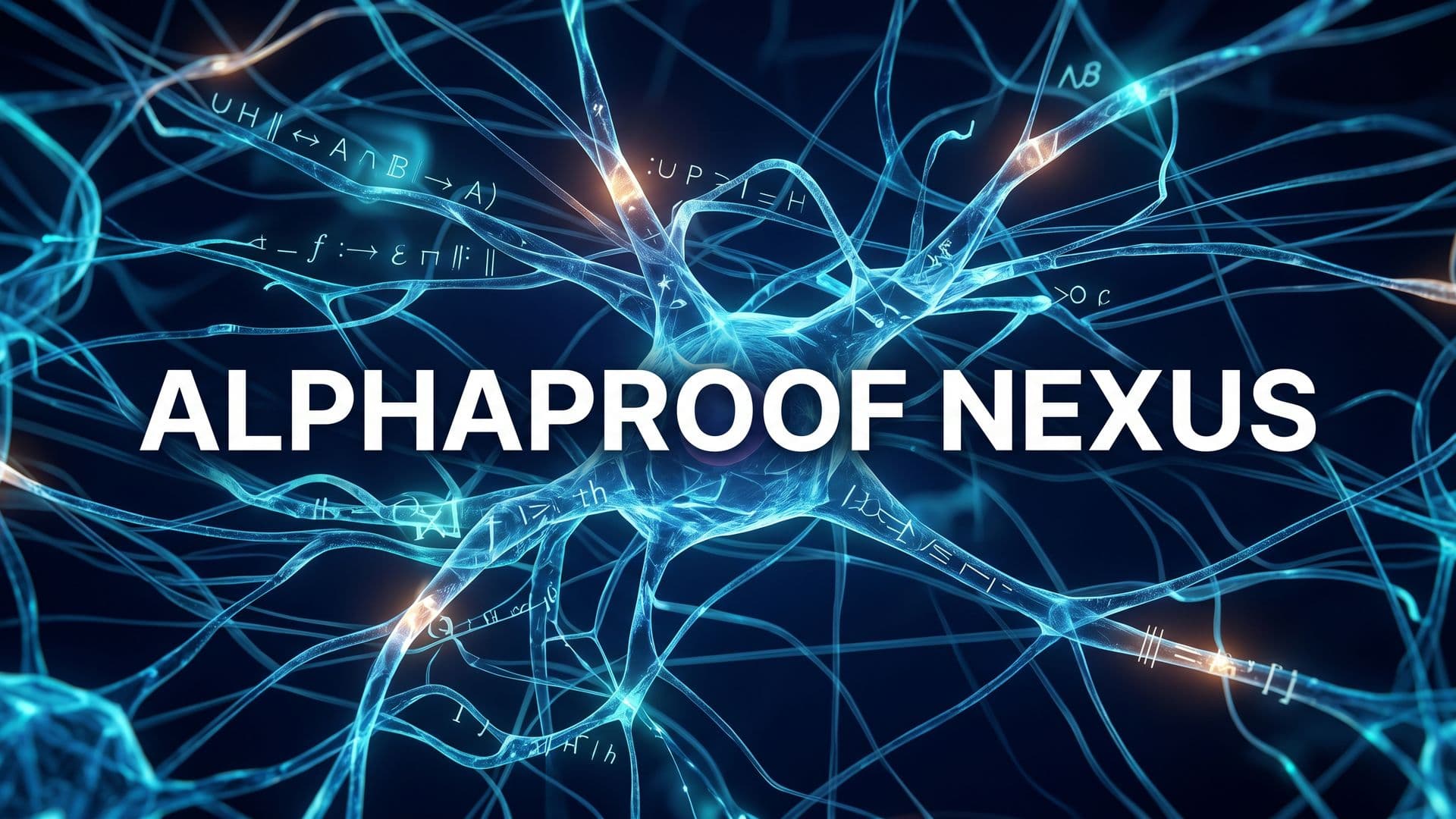 AlphaProof Nexus -kansigrafiikka: matemaattisia todistuksia virtaa kristallirakenteessa syvänsinisellä taustalla.