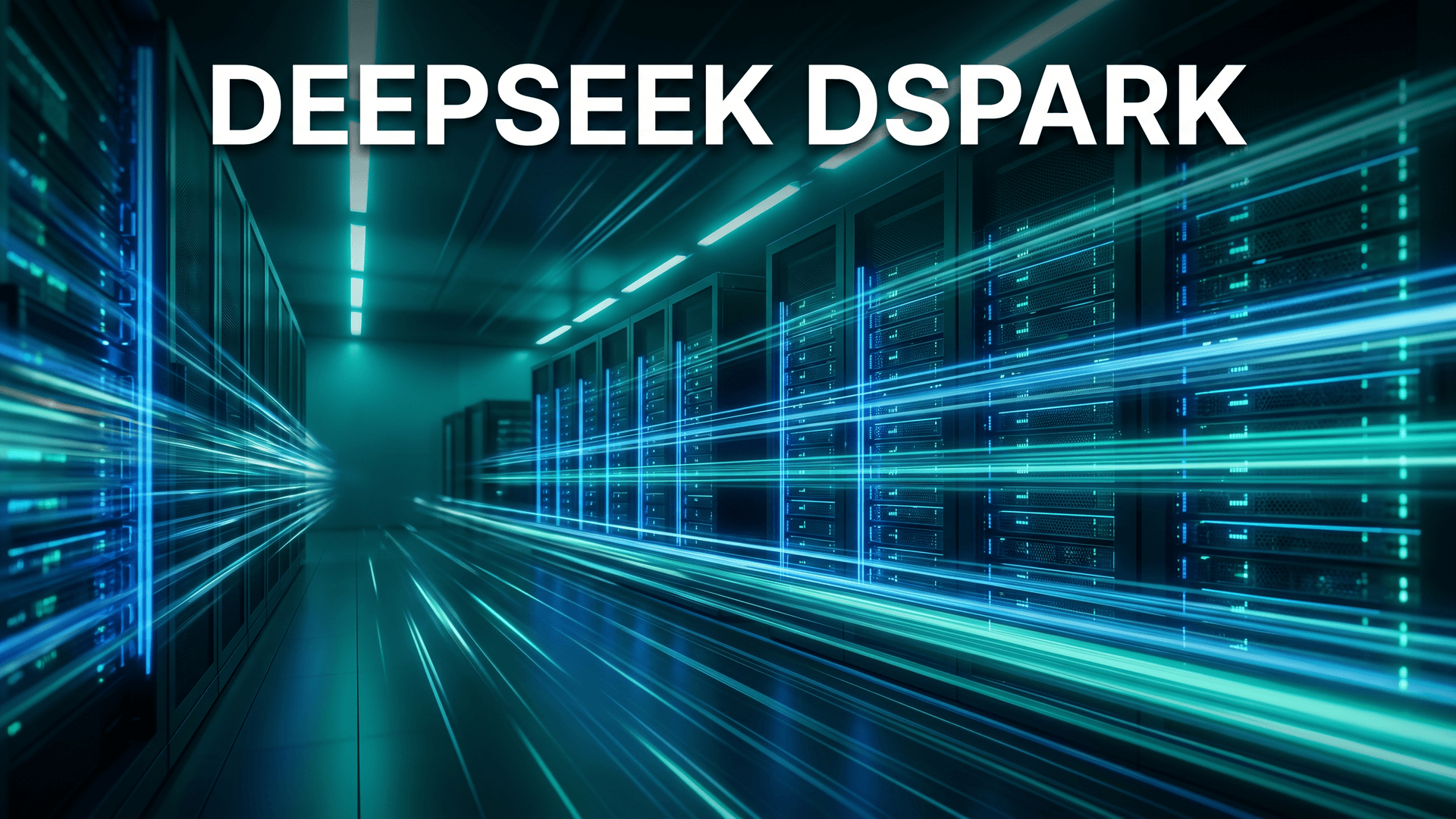 DeepSeek DSpark -aiheinen graafinen kansikuva ja palvelinsali