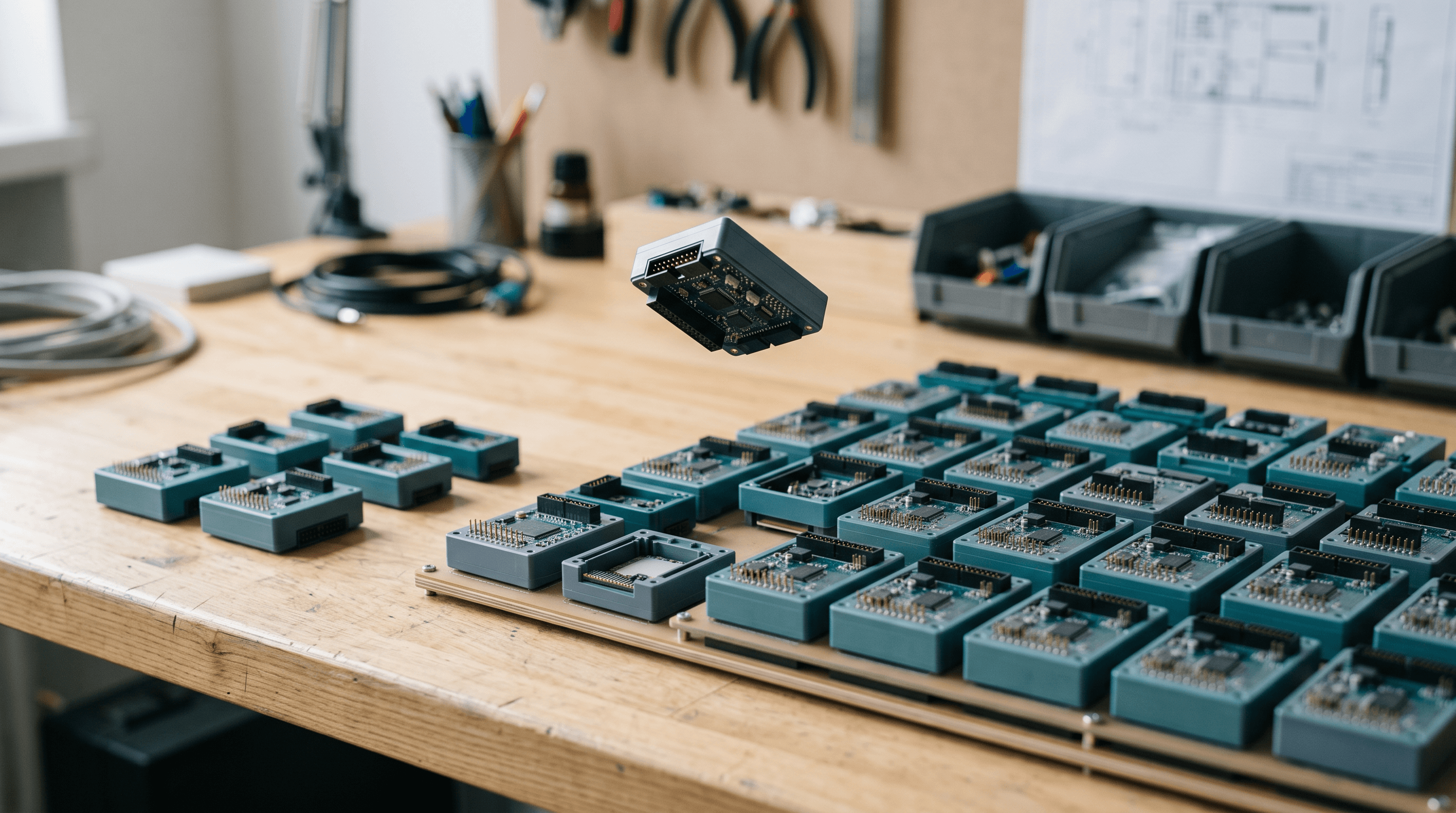 Modulaarisia elektroniikkapalikoita ruudukossa, yksi osa nostettuna irti paikaltaan
